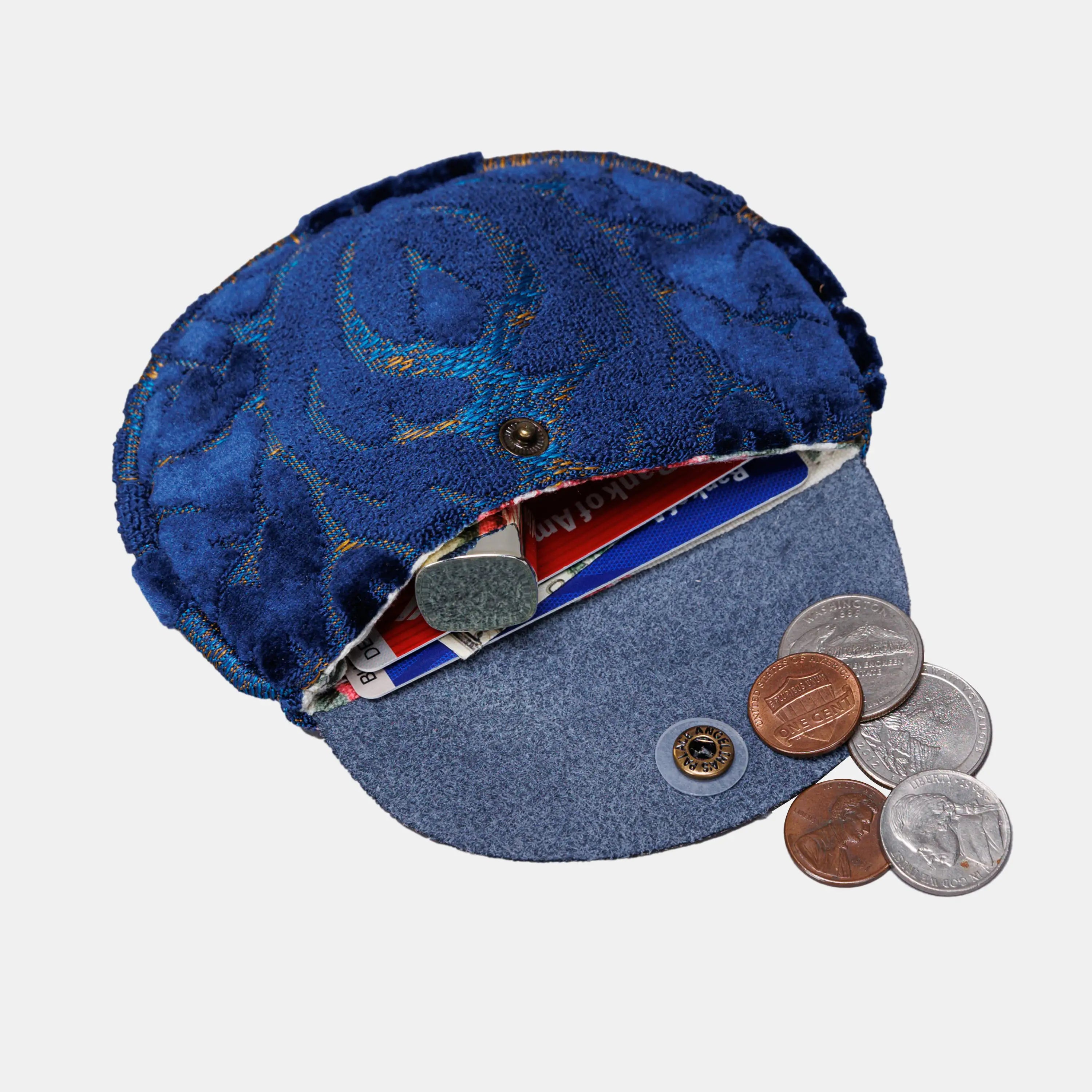Burnout Velvet Navy Flap Coin Purse of America in use-2