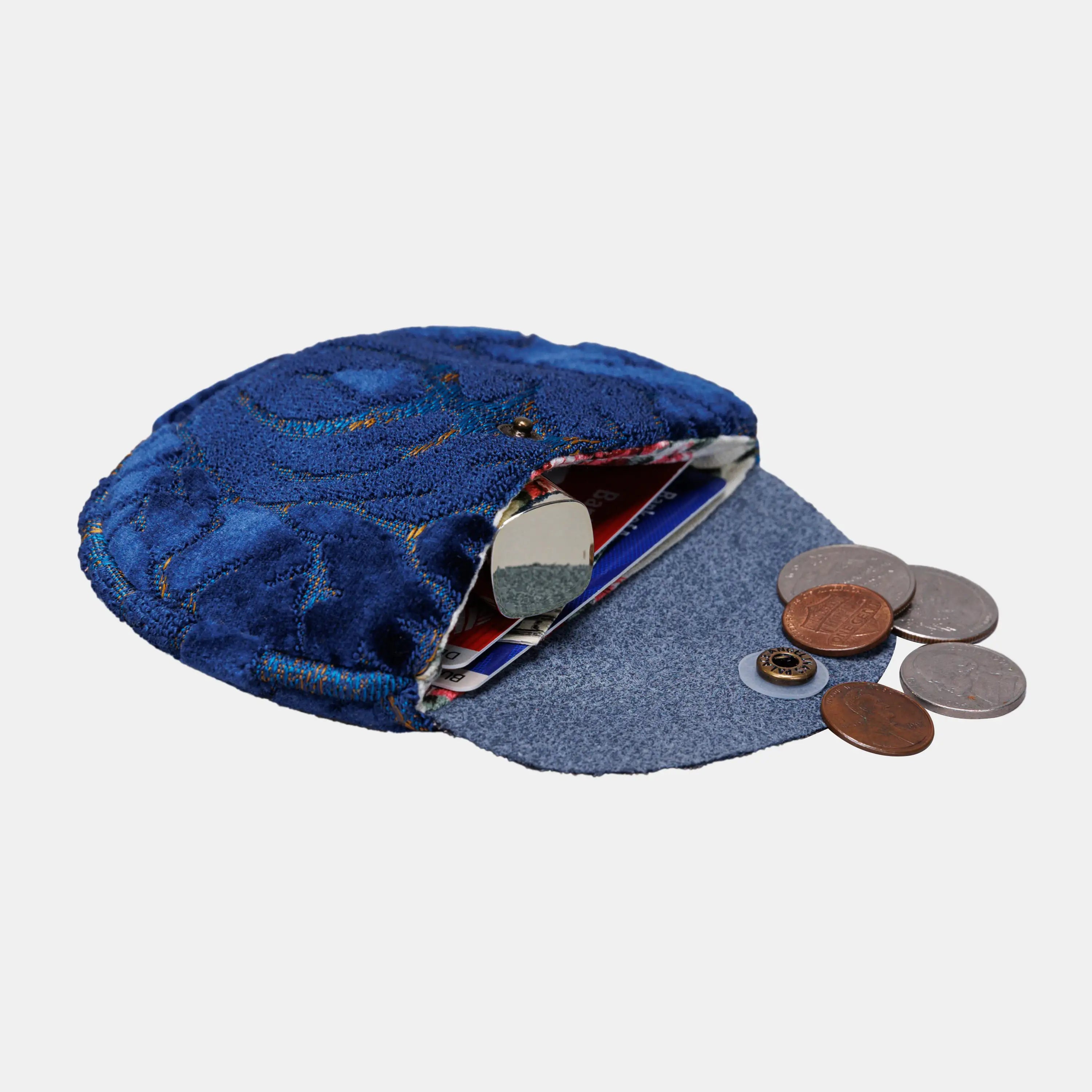 Burnout Velvet Navy Flap Coin Purse  of America in use-4
