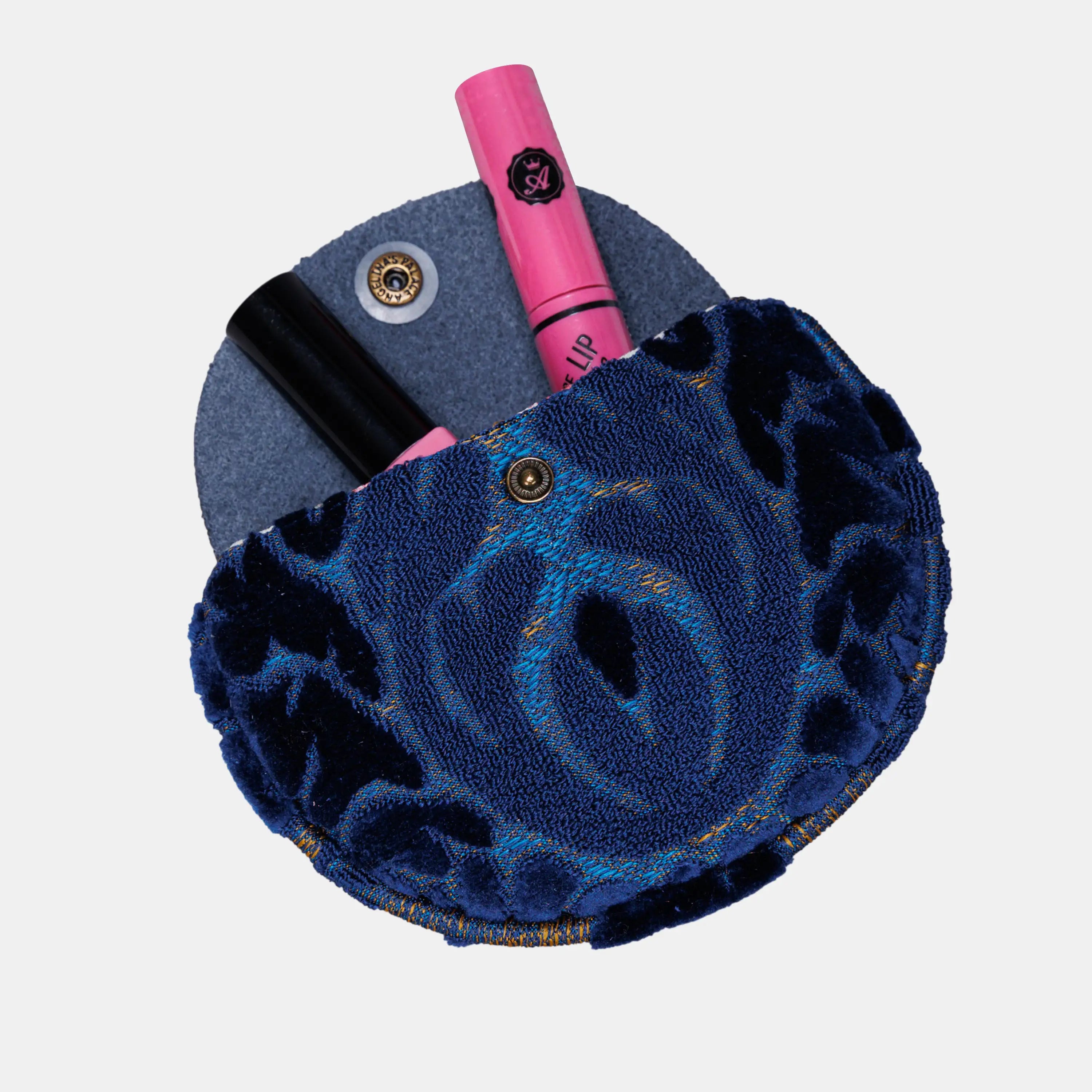 Burnout Velvet Navy Flap Coin Purse  of America in use-5