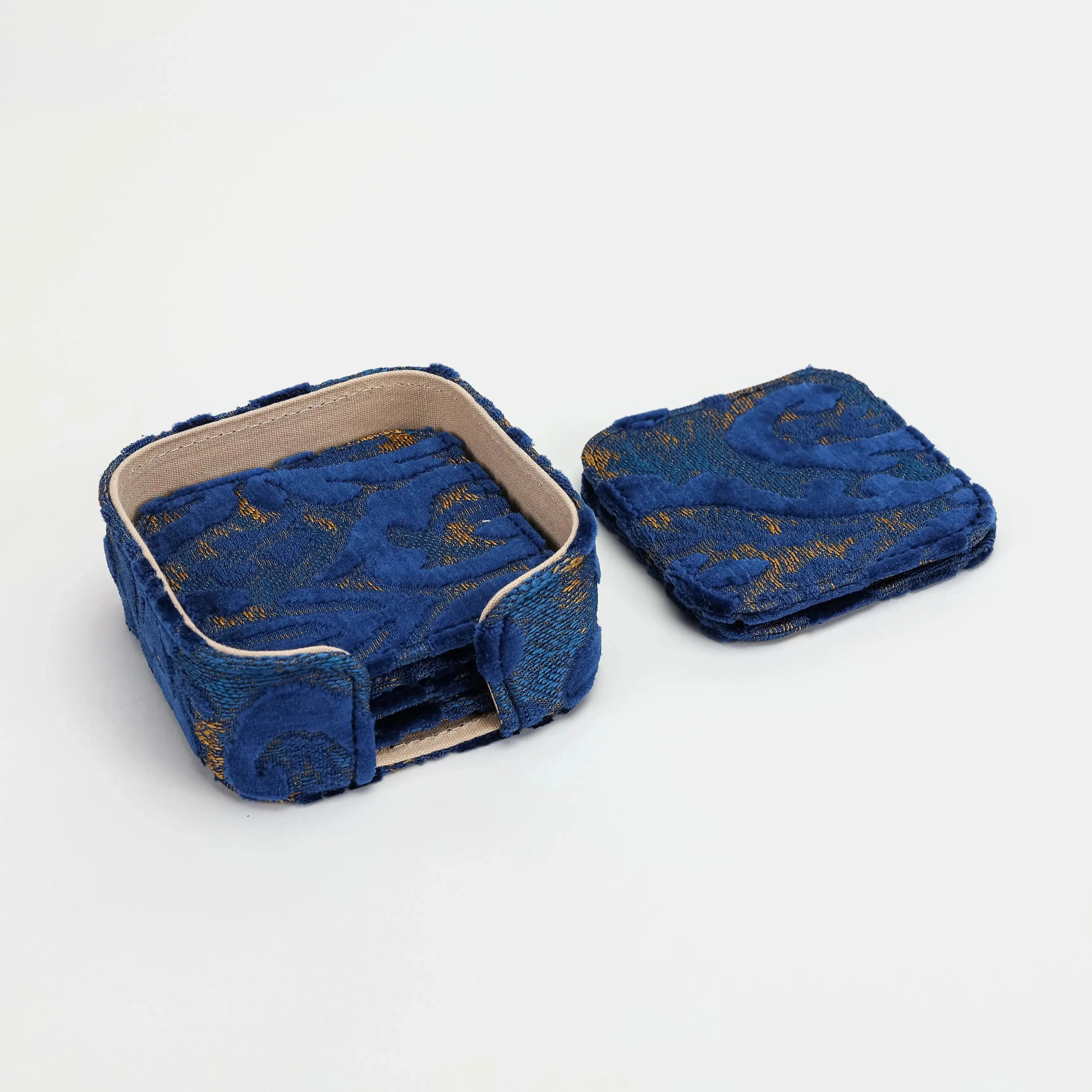 Burnout Velvet Navy Square Coaster Set with Holder of America-details