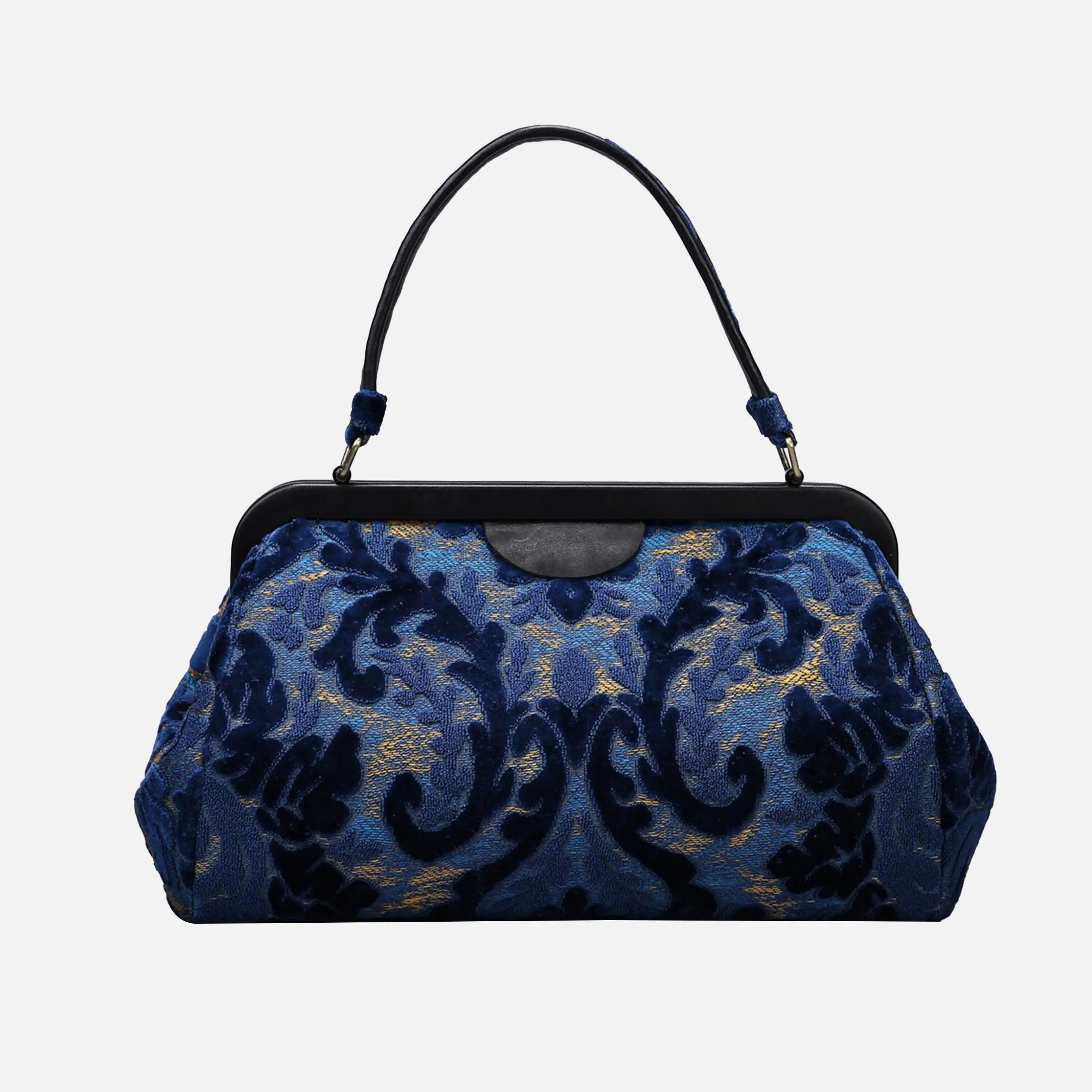 Burnout Velvet Navy Top Handle Purse carpet bag of America overview