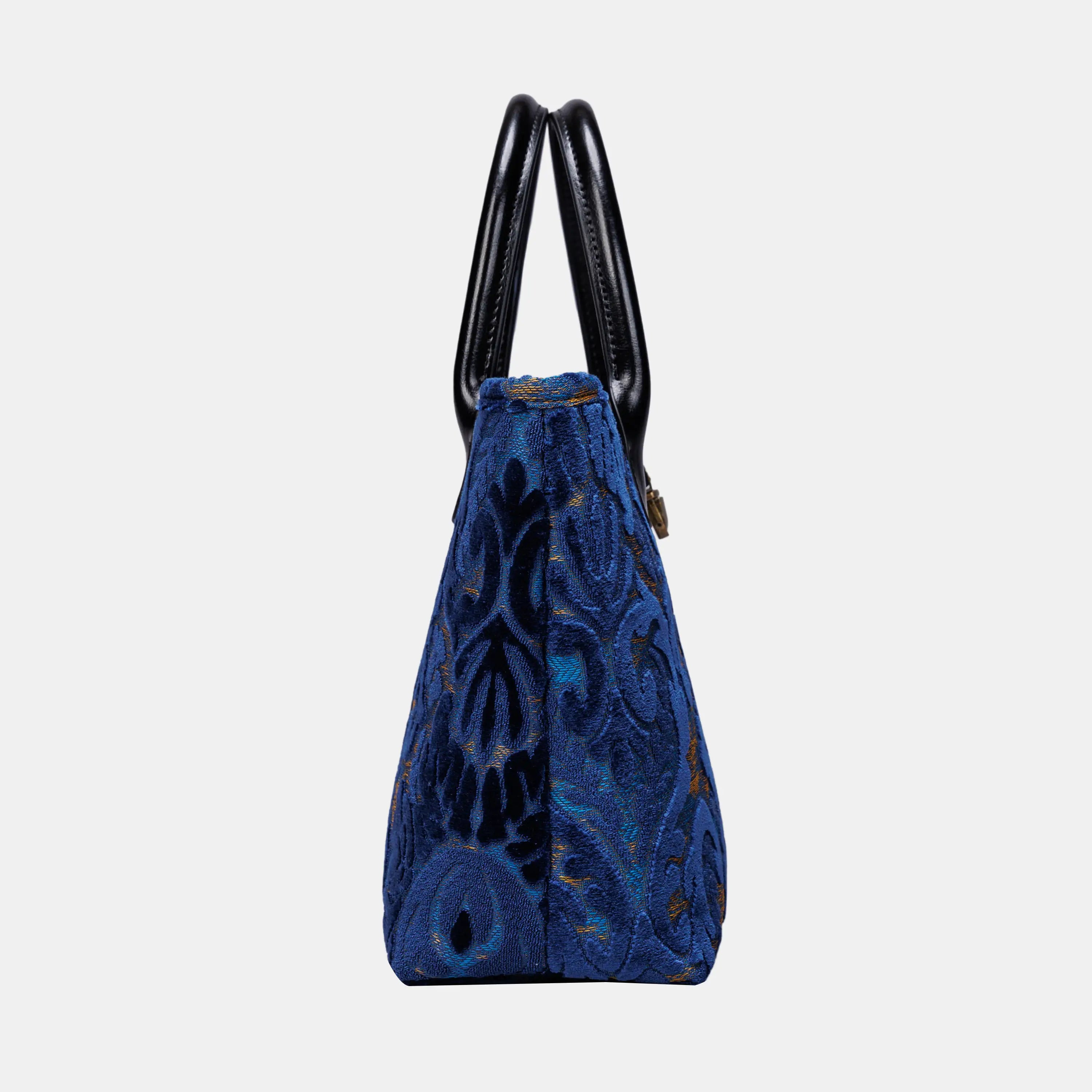 Burnout Velvet Navy Tuck Lock Carpet Satchel carpet bag MCW Handmade of America side