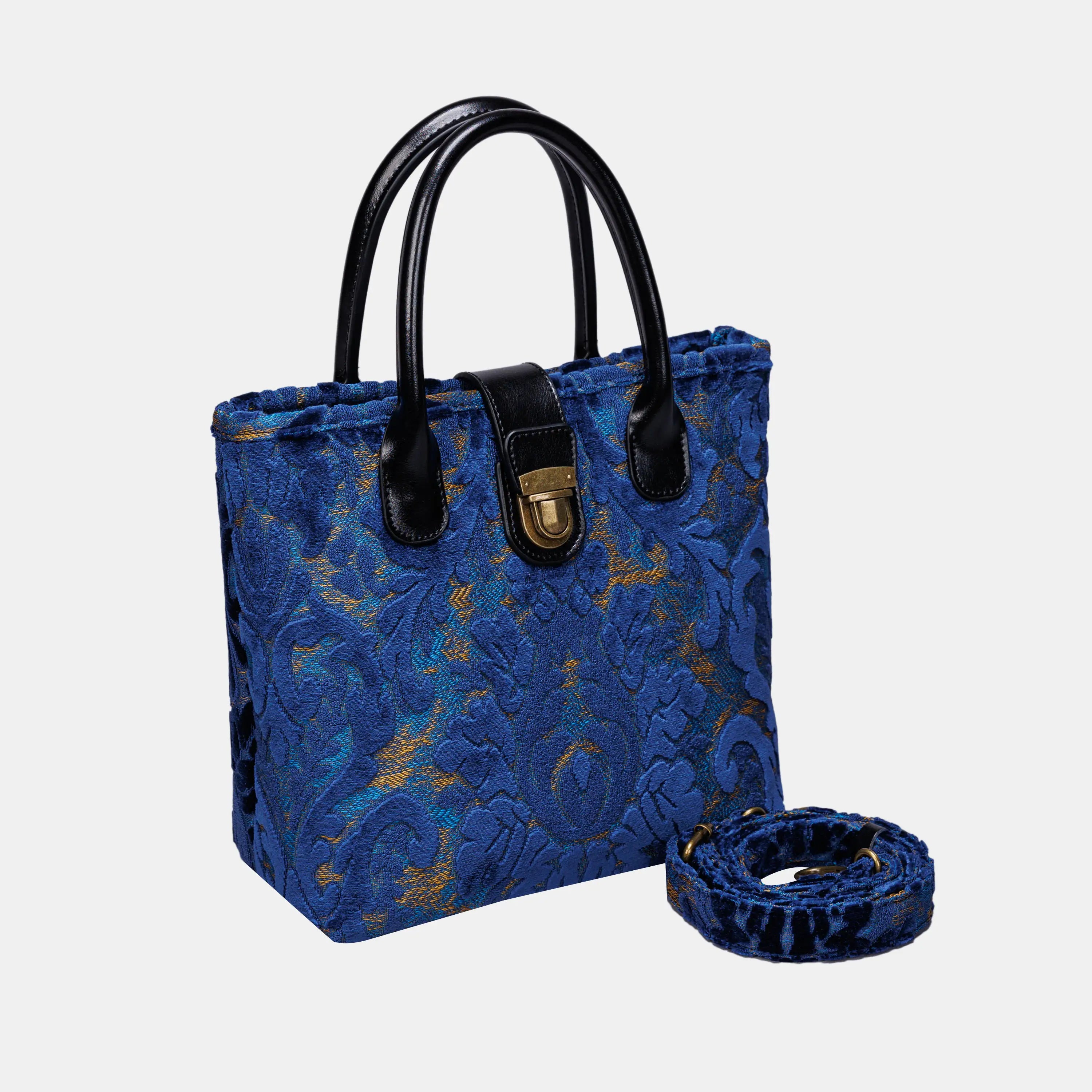 Burnout Velvet Navy Tuck Lock Carpet Satchel carpet bag MCW Handmade of America with strap