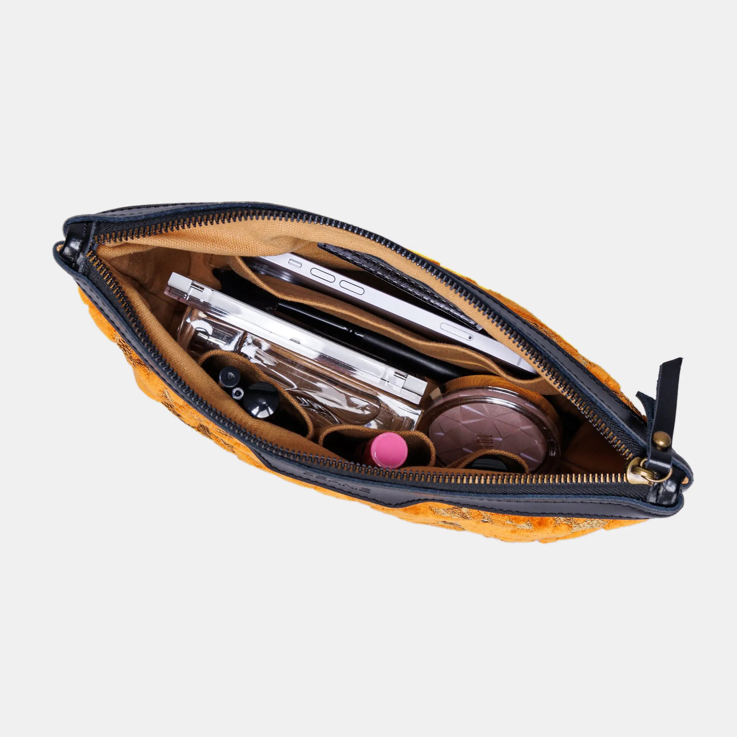 Burnout Velvet Orange Carpet Makeup Bag carpet bag MCW Handmade of America in use