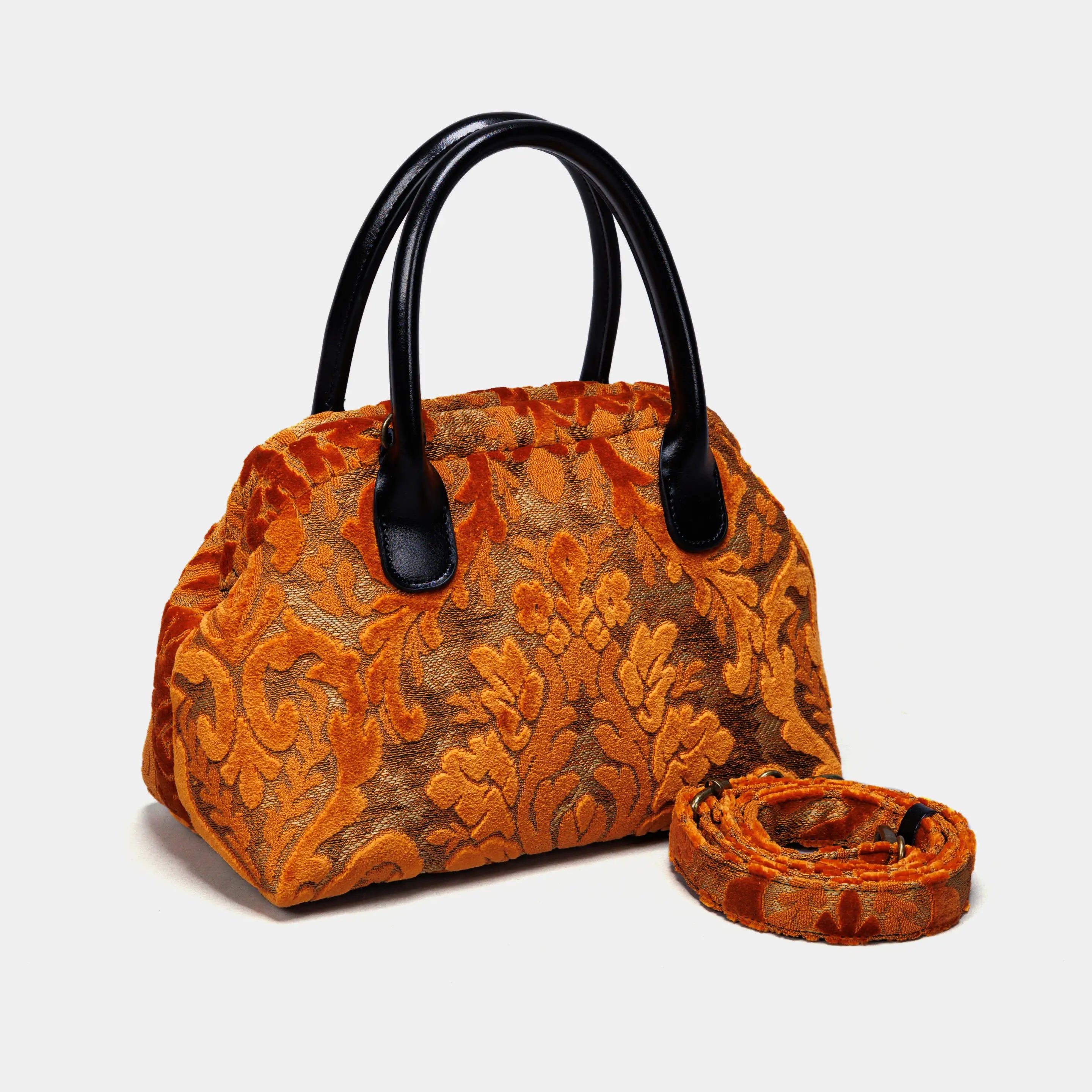 Burnout Velvet Orange Carpet Satchel carpet bag MCW Handmade of America with strap