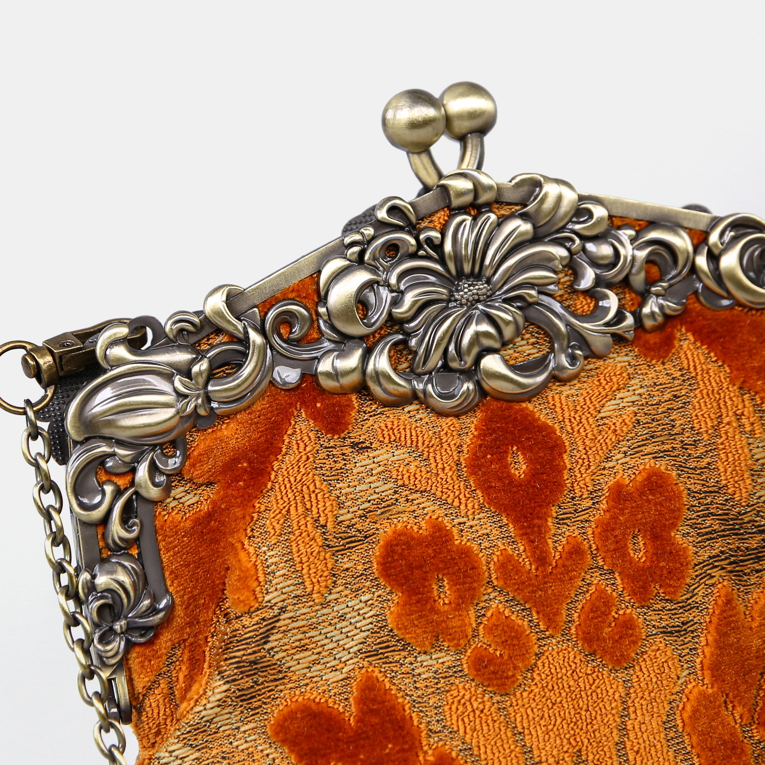 Burnout Velvet Orange Chatelaine Purse Large carpet bag of America detail