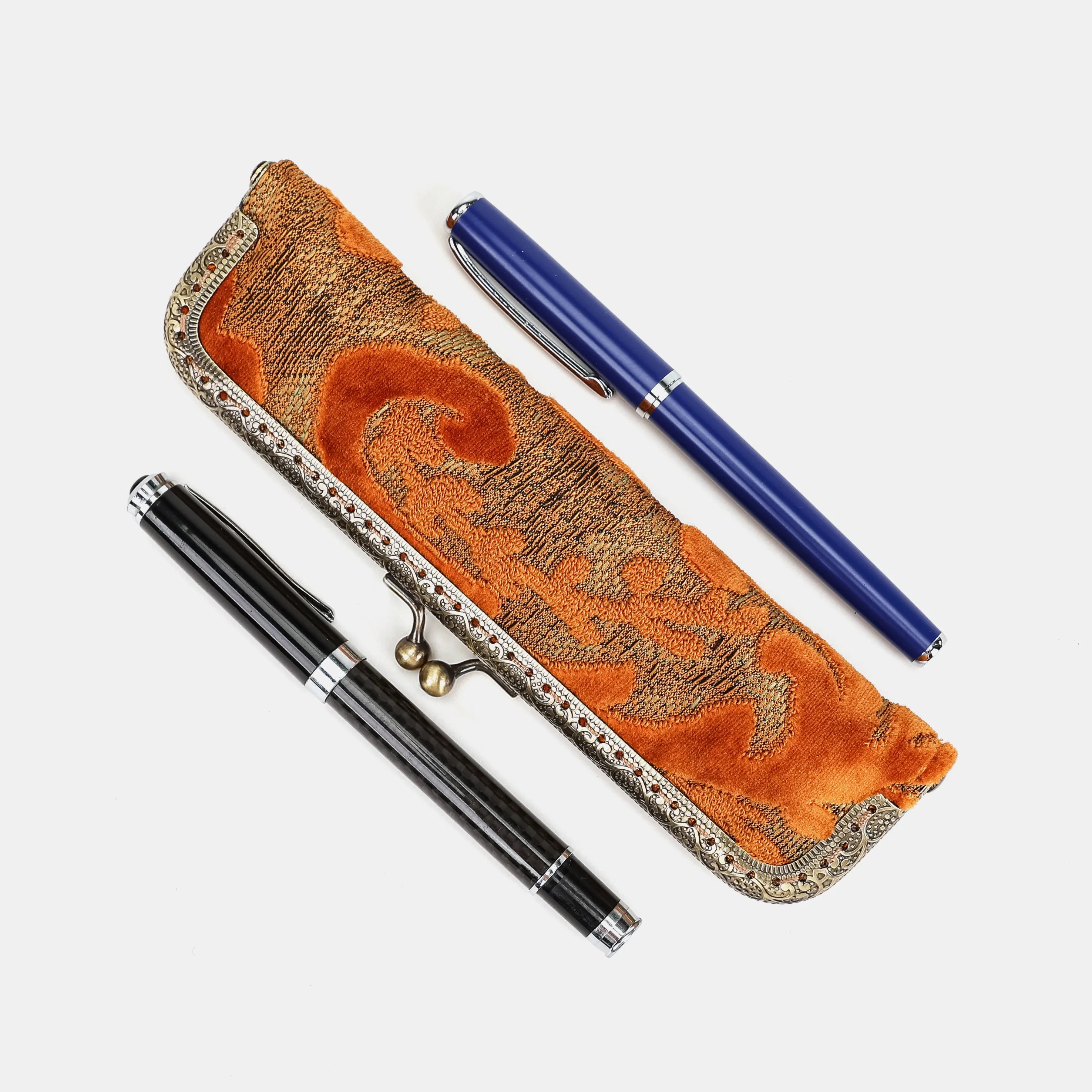 Burnout velvet Orange Duo Pen Case Carpetbag of America side