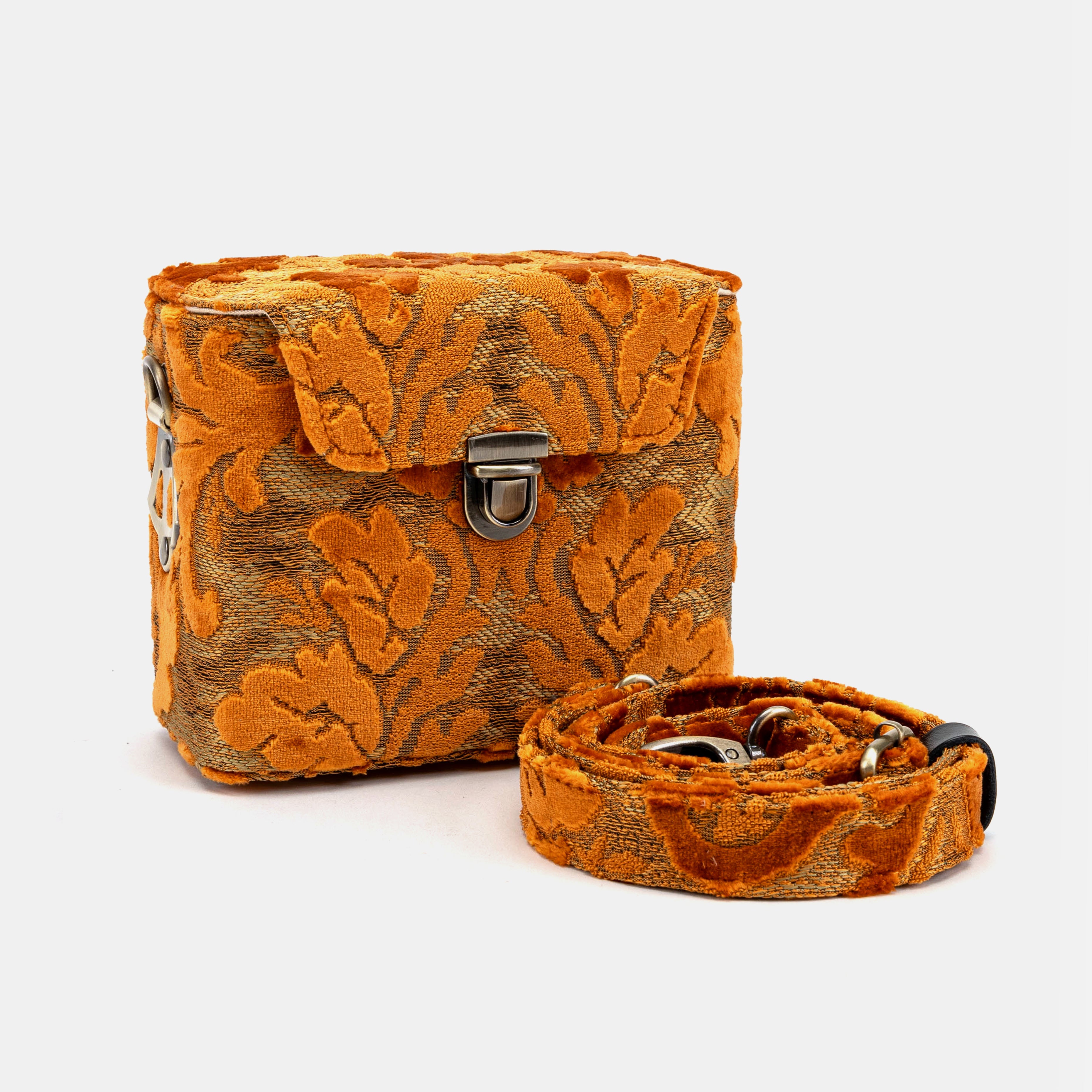 Burnout Velvet Orange Emma Small Train Case Crossbody of America with shoulder strap