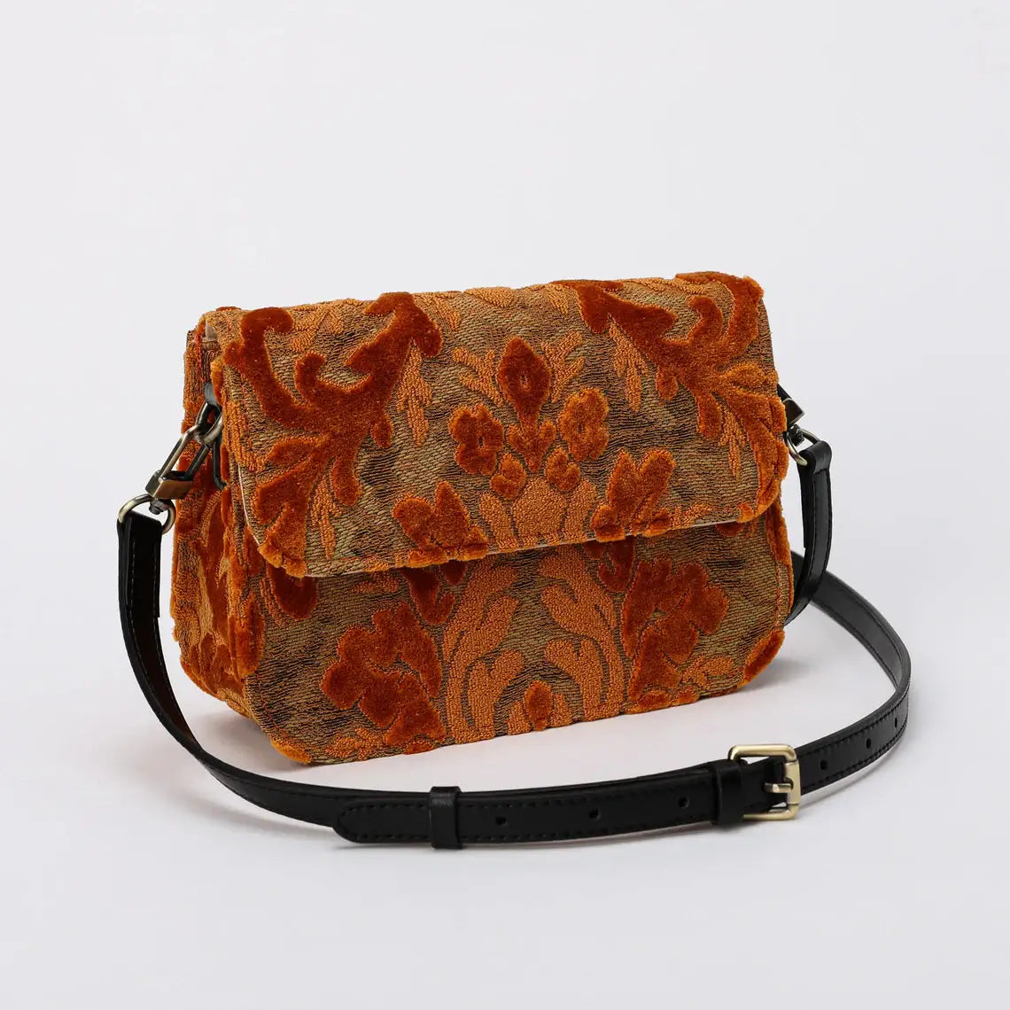 Burnout Velvet Orange Flap Crossbody Bag carpet bag of America front
