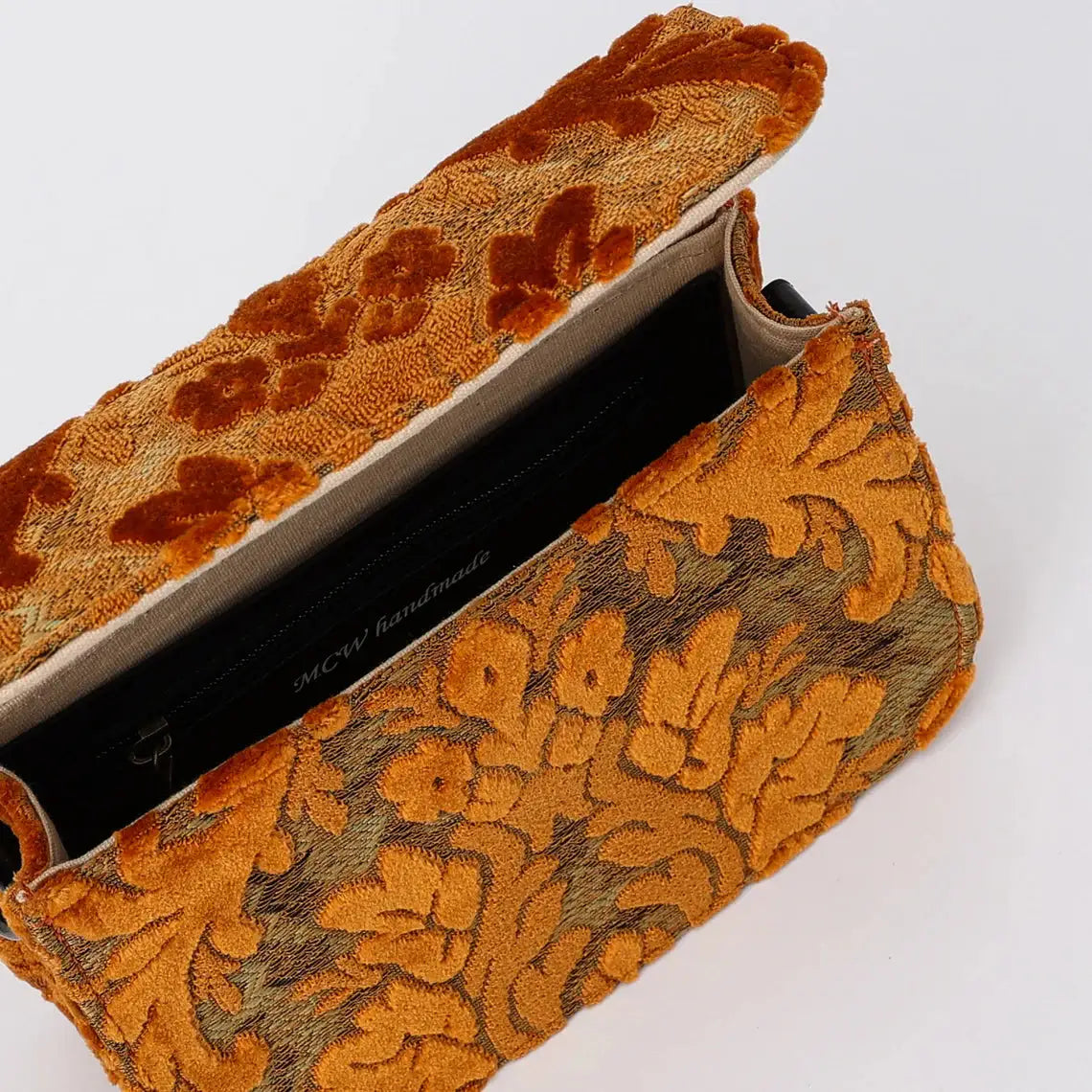 Burnout Velvet Orange Flap Crossbody Bag carpet bag of America opening