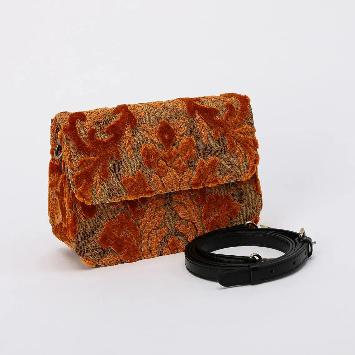Burnout Velvet Orange Flap Crossbody Bag carpet bag of America with shoulder strap