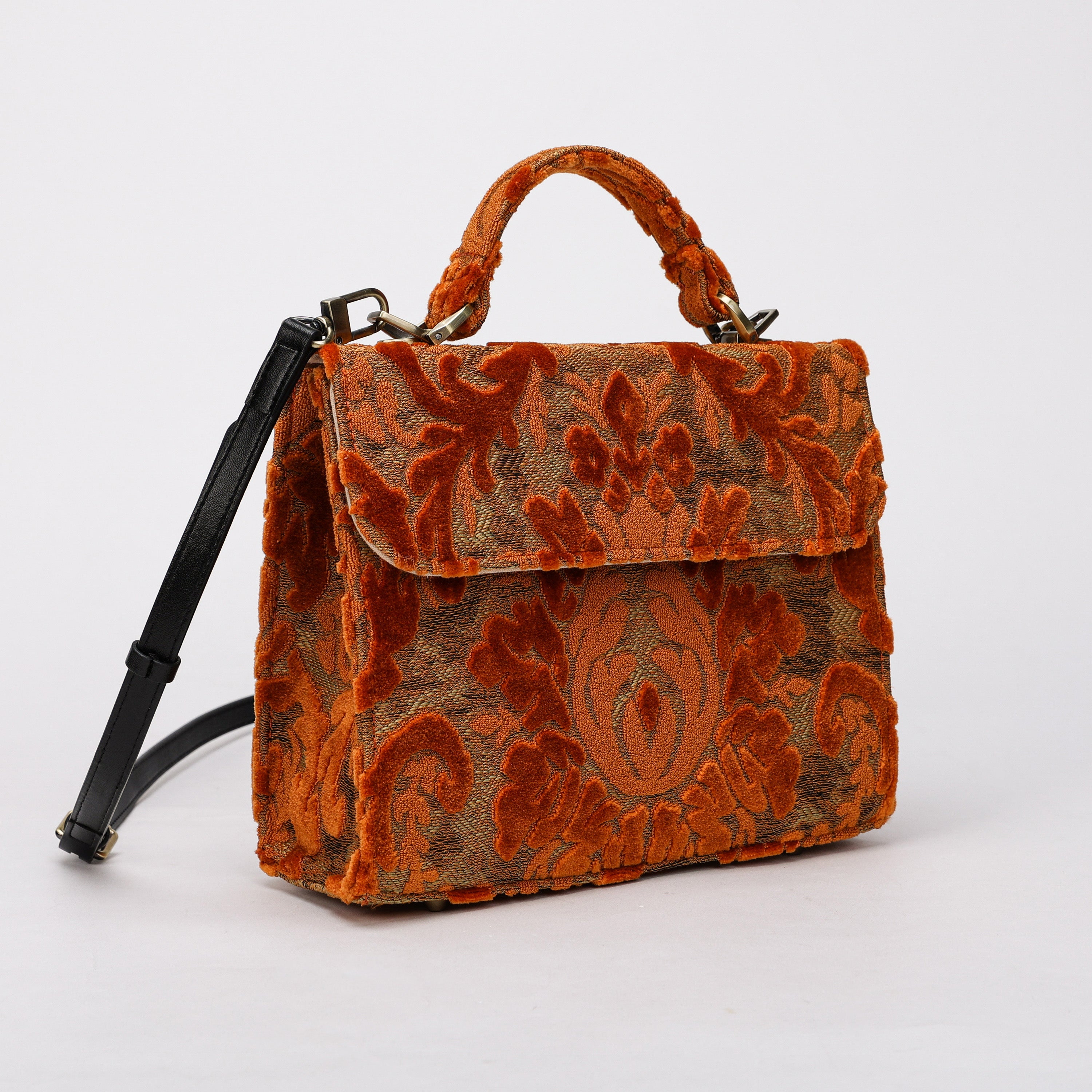 Burnout Velvet Orange Flap Satchel Carpetbag of America with shoulder strap