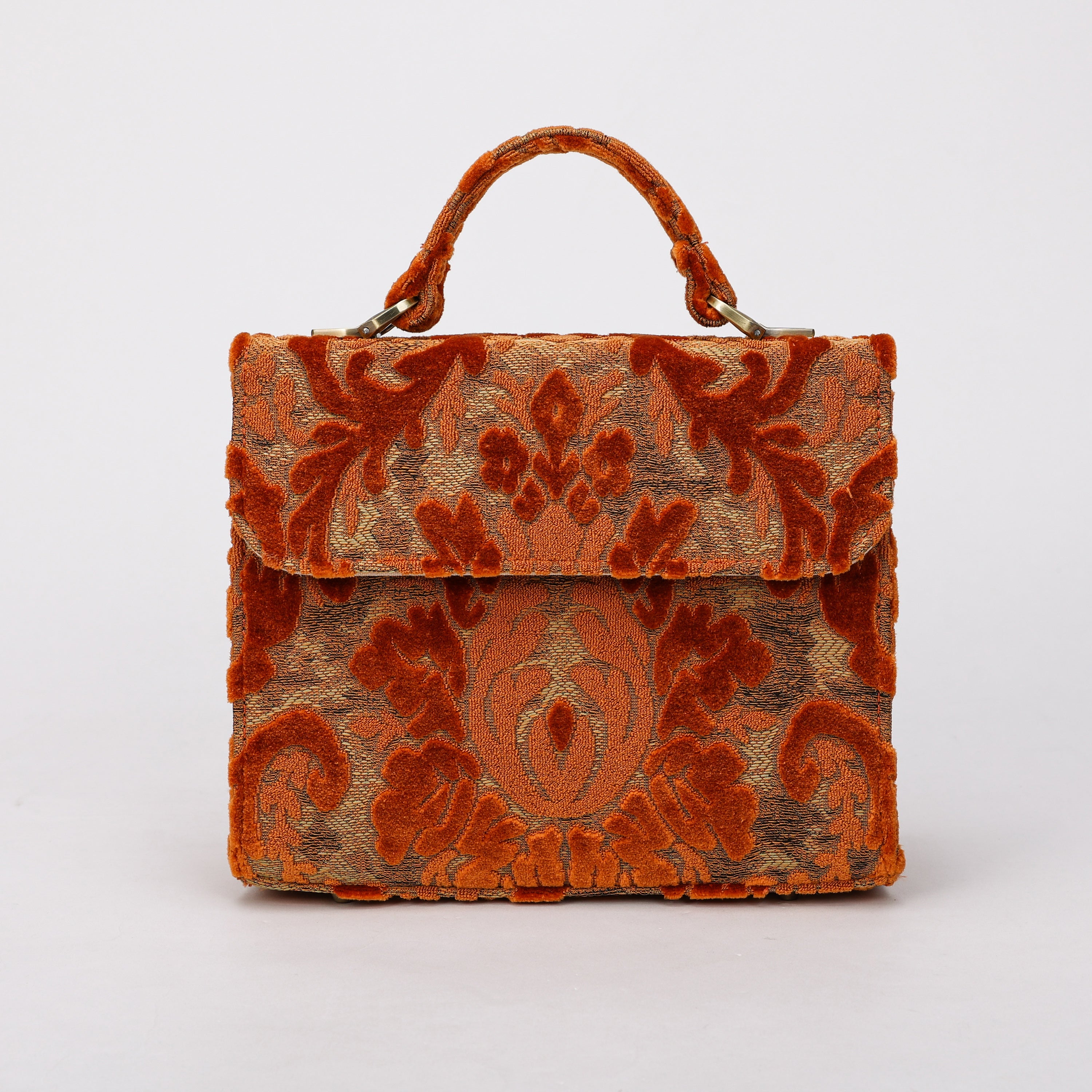 Burnout Velvet Orange Flap Satchel Carpetbag of America main