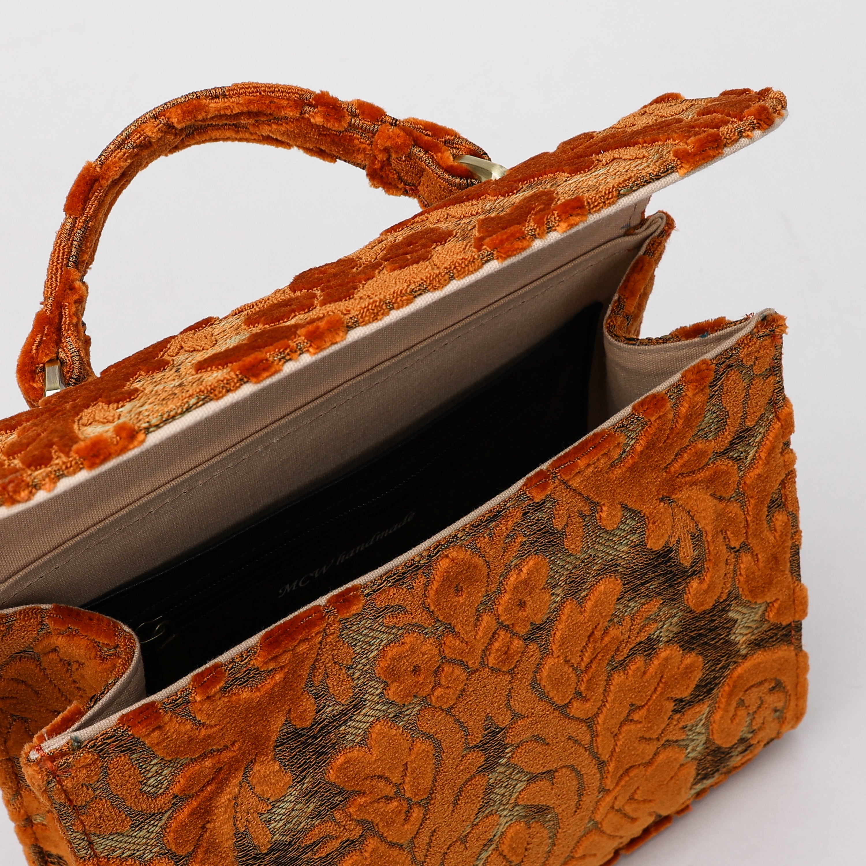 Burnout Velvet Orange Flap Satchel Carpetbag of America opening