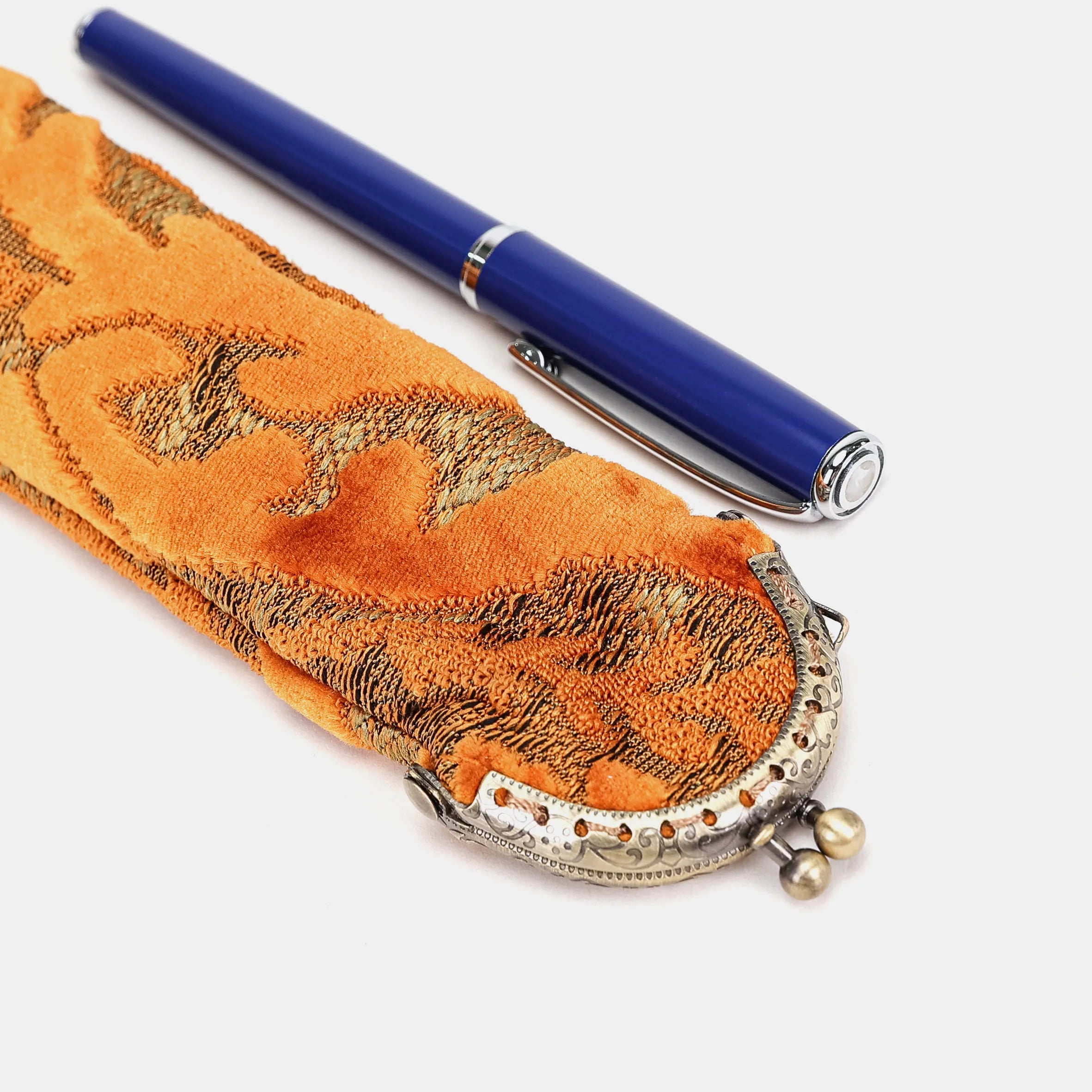 Burnout Velvet Orange Solo Pen Case Carpetbag of America metal frame