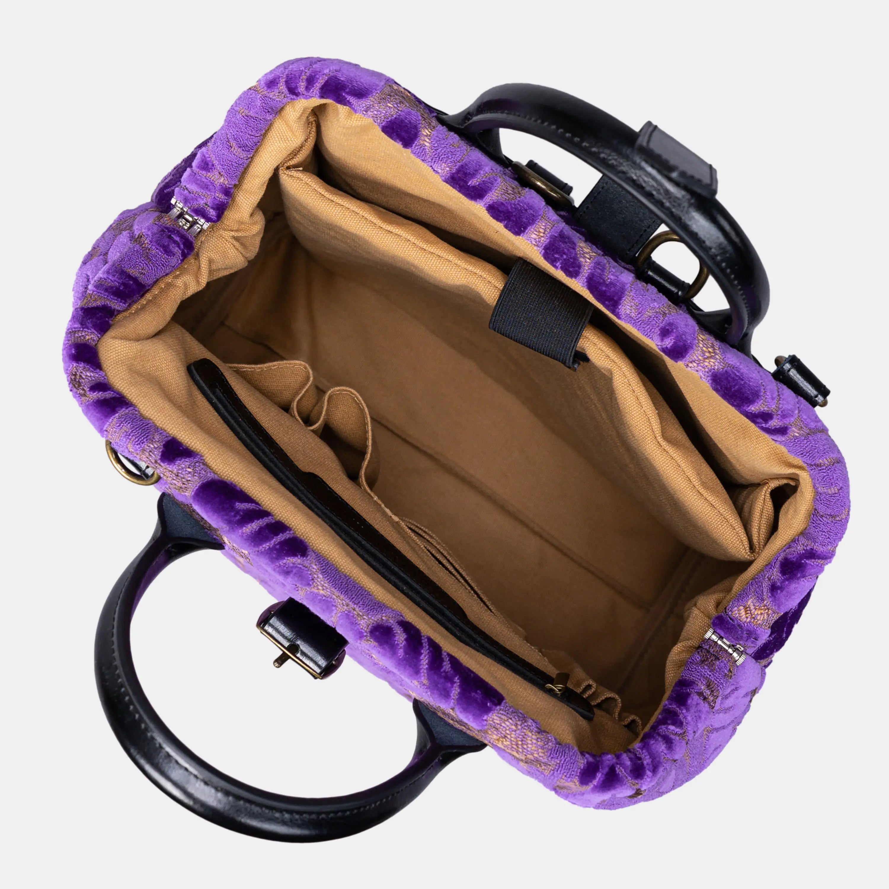 Burnout Velvet Purple Carpet Laptop Backpack Carpetbag of America inside