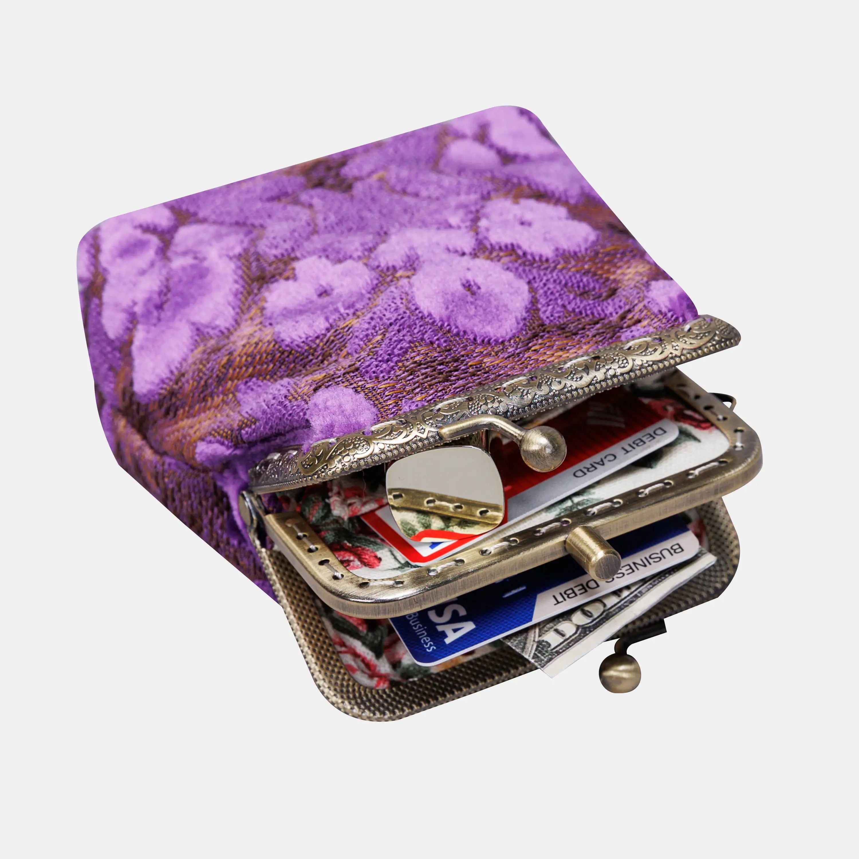 Burnout Velvet Purple Double Kiss Clasp Coin Purse of America in use-5