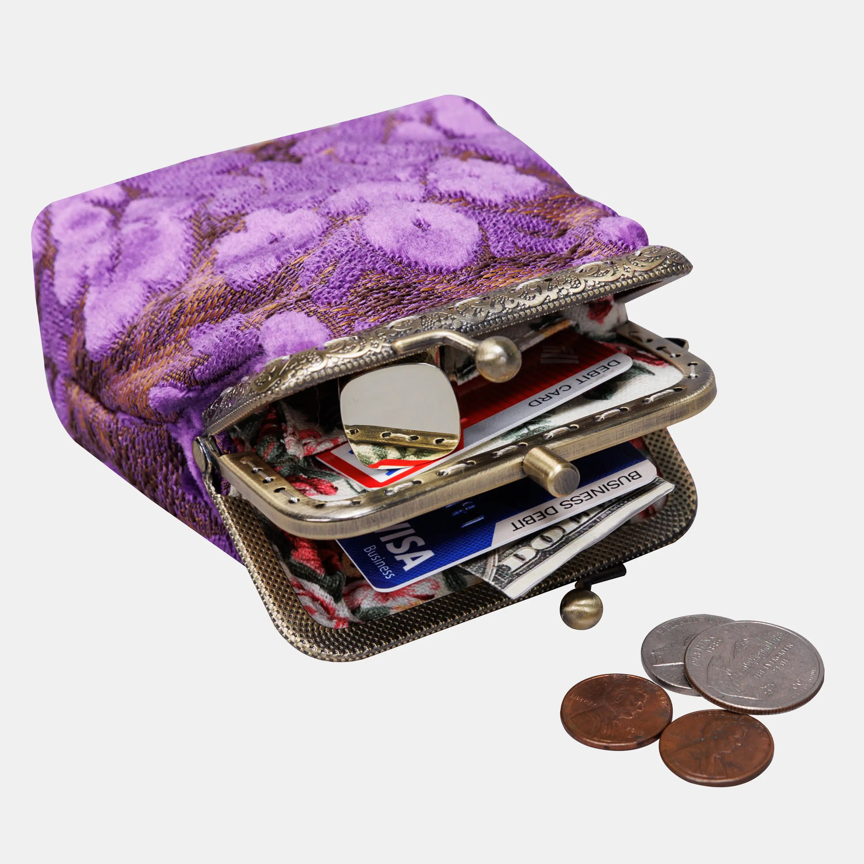 Burnout Velvet Purple Double Kiss Clasp Coin Purse of America in use-3