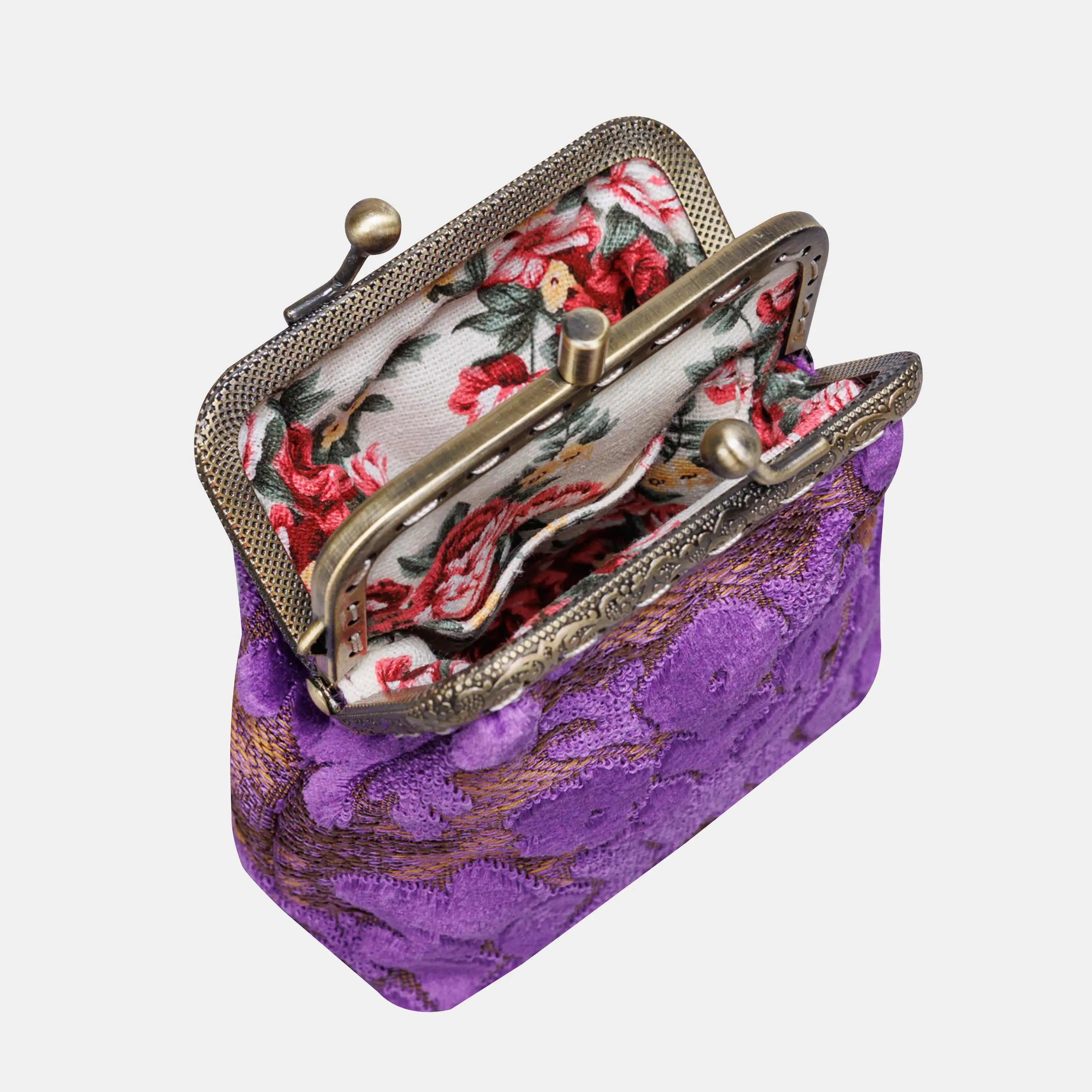 Burnout Velvet Purple Double Kiss Clasp Coin Purse of America openning-4