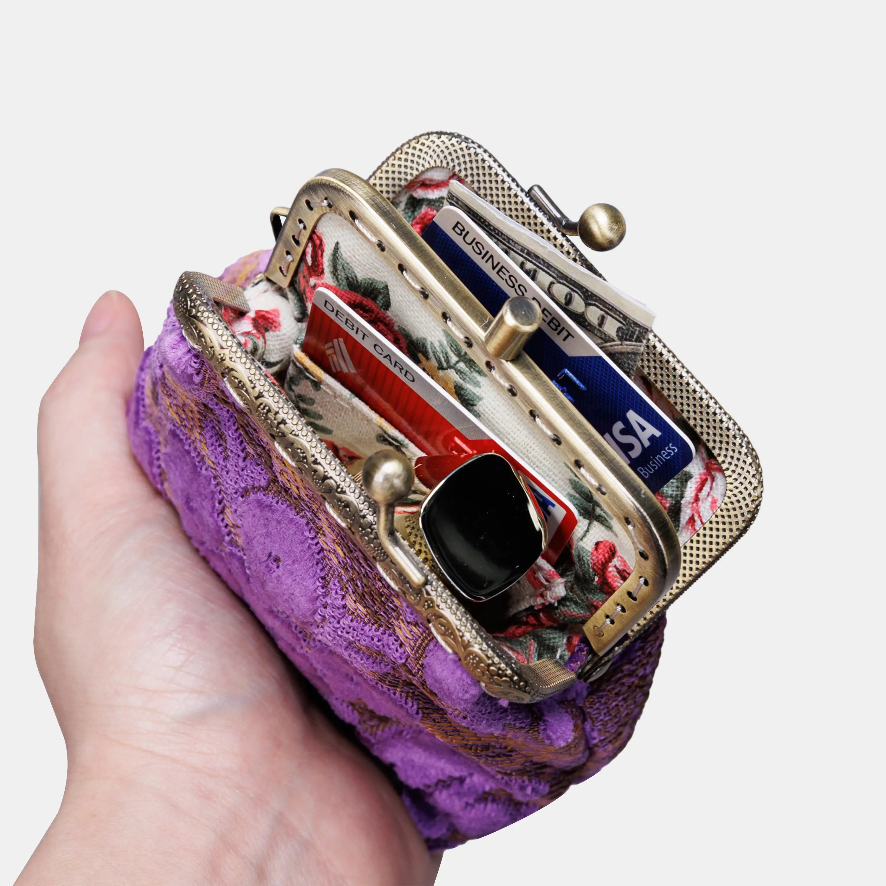 Burnout Velvet Purple Double Kiss Clasp Coin Purse of America in use-2