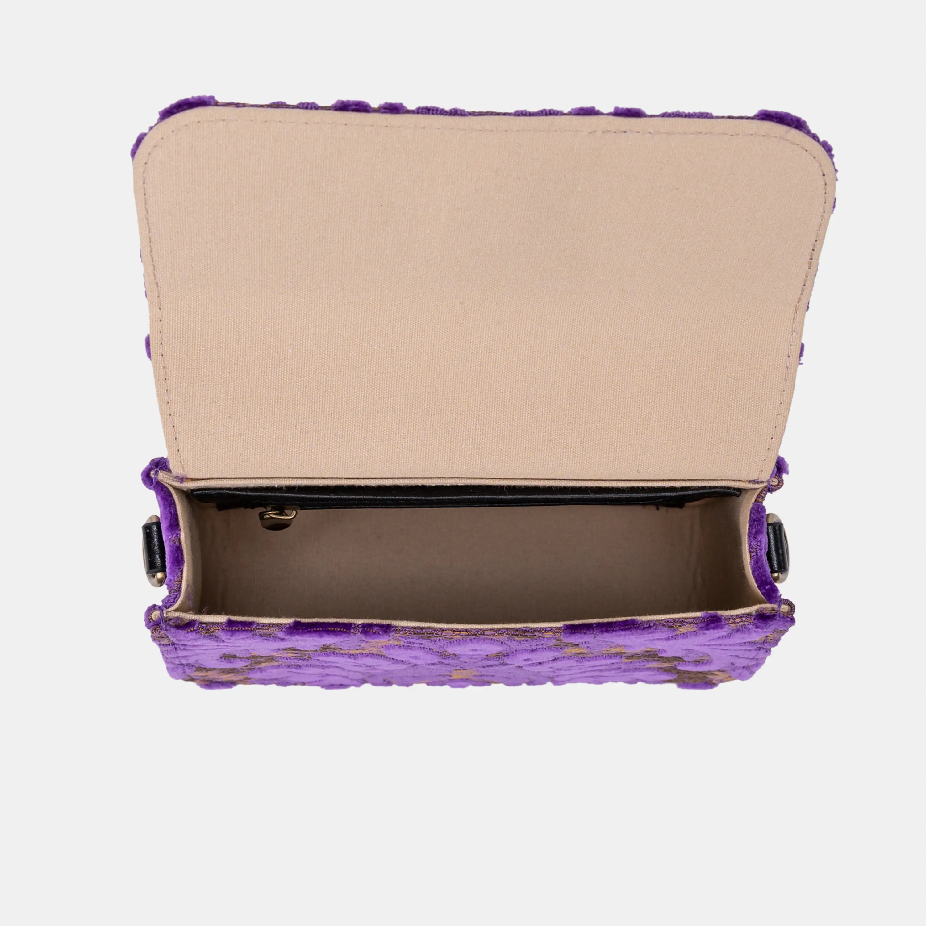 Burnout Velvet Purple Flap Crossbody Bag carpet bag of America inside