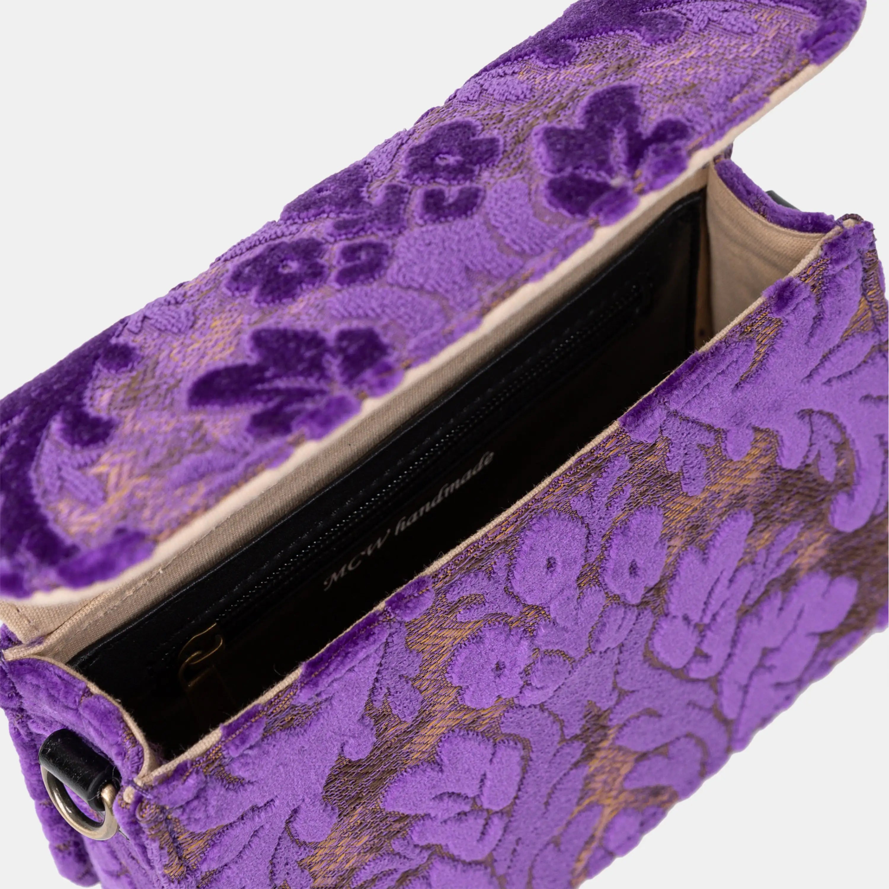 Burnout Velvet Purple Flap Crossbody Bag carpet bag of America opening