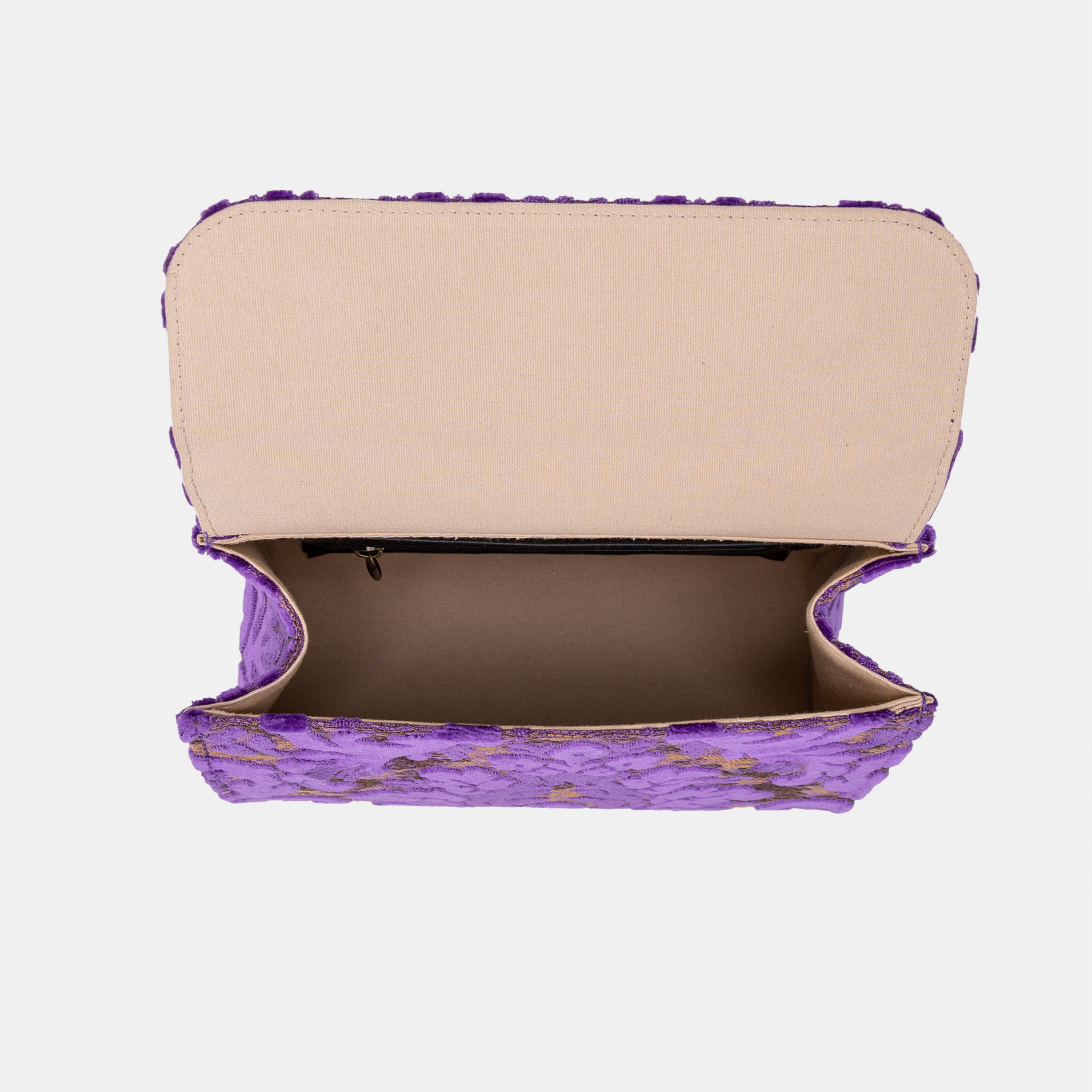 Burnout Velvet Purple Flap Satchel Carpetbag of America inside