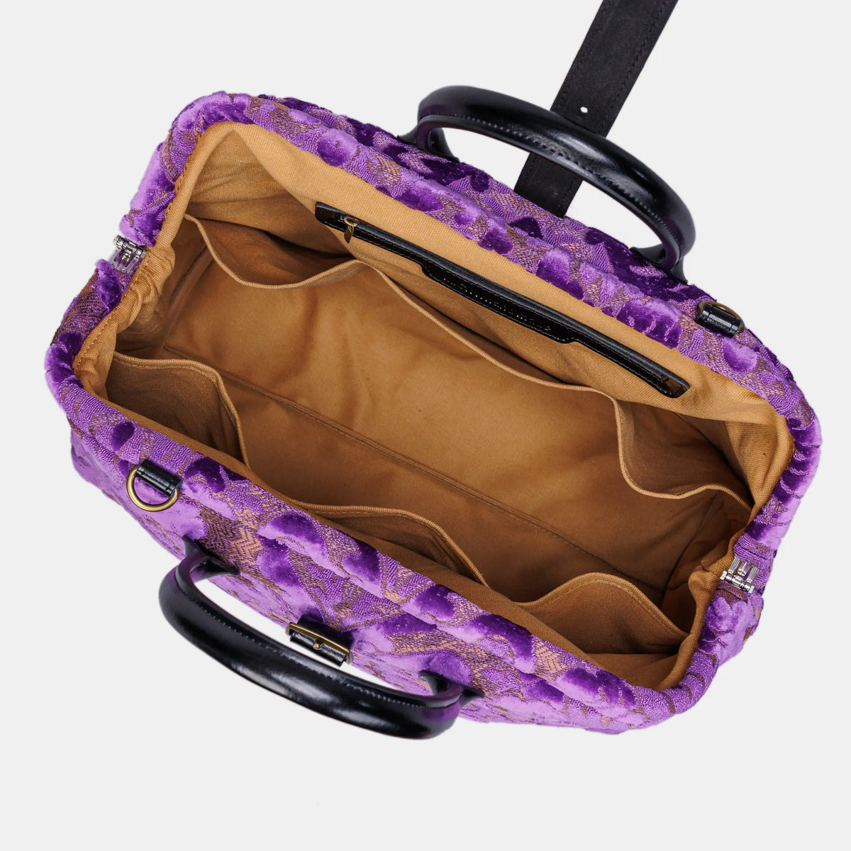 Burnout Velvet Purple Mary Poppins Weekender Carpetbag of America open