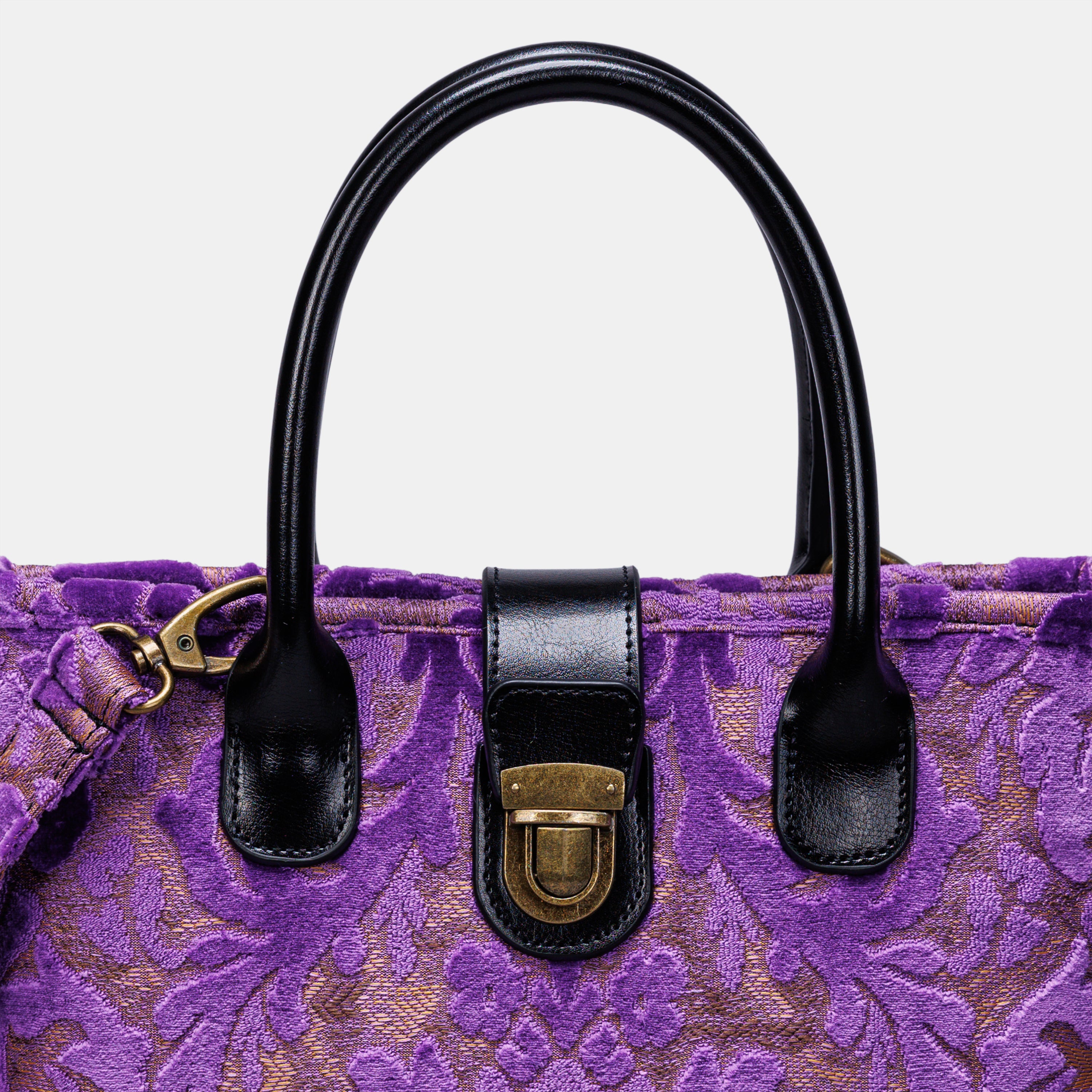 Burnout Velvet Purple Tuck Lock Carpet Satchel carpet bag MCW Handmade of America details
