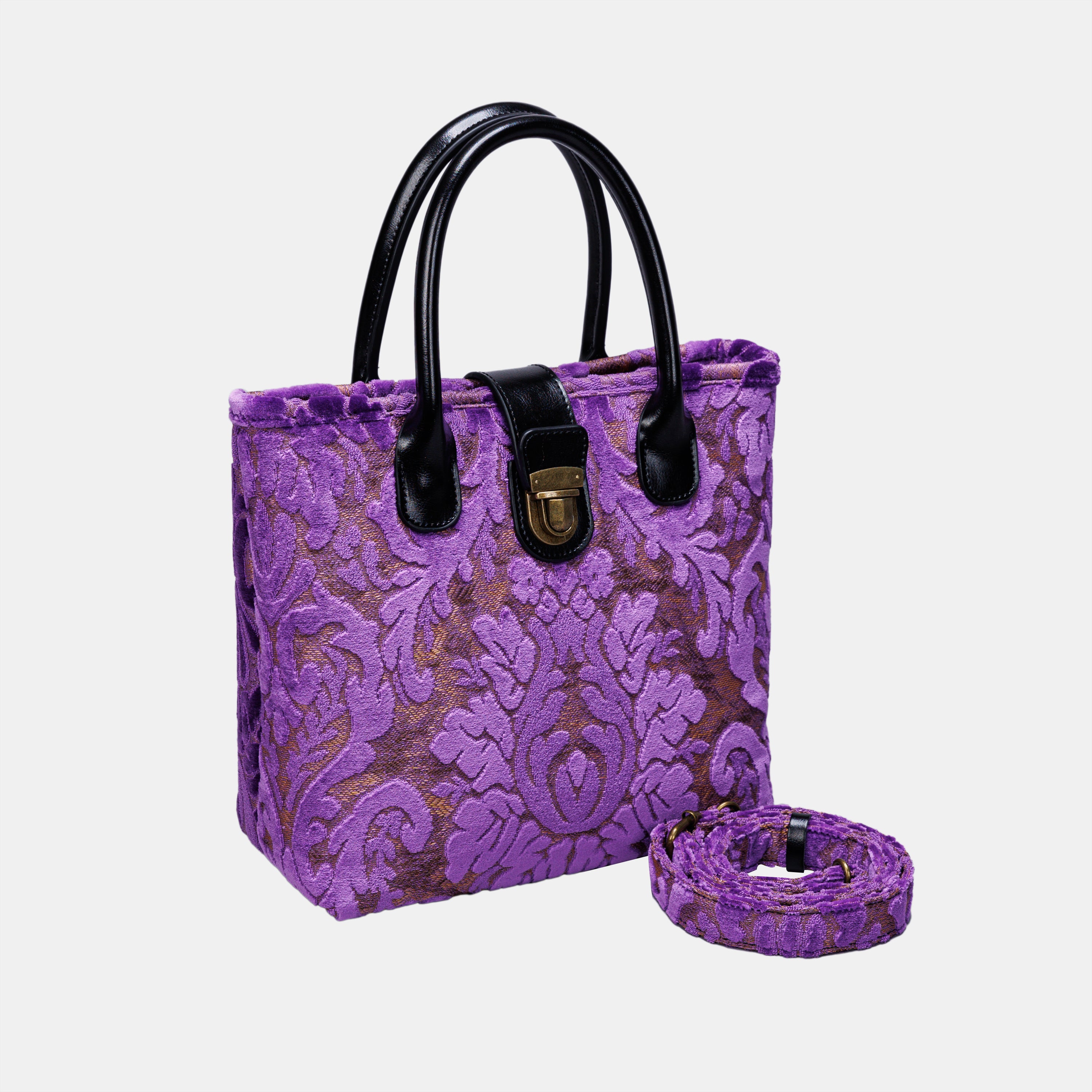 Burnout Velvet Purple Tuck Lock Carpet Satchel carpet bag MCW Handmade of America with strap