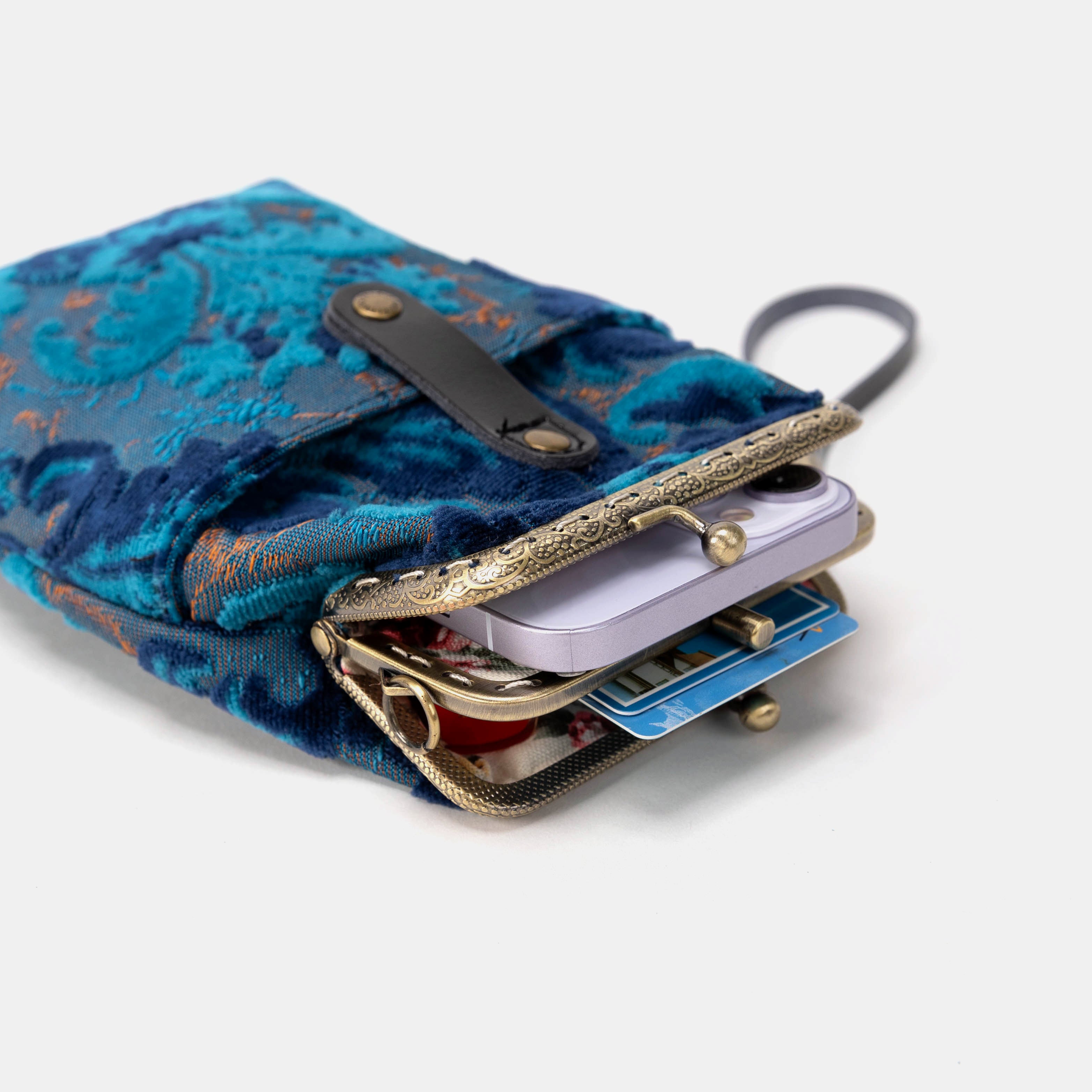 Burnout Velvet Revival Aqua Carpet Phone Case Carpetbag of America Flat lay with phone pictures
