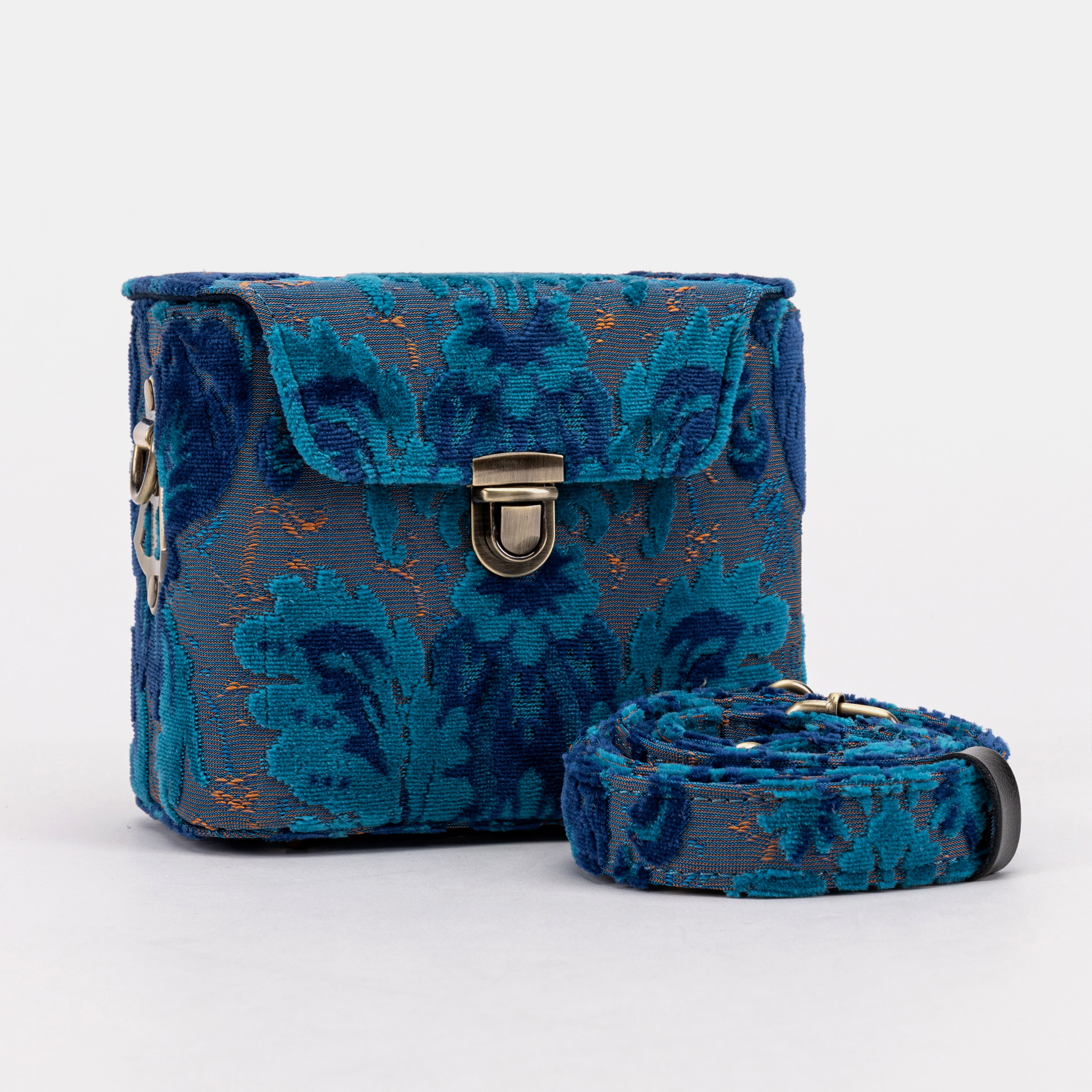 Burnout Velvet Revival Aqua Emma Small Train Case Crossbody of America with shoulder strap