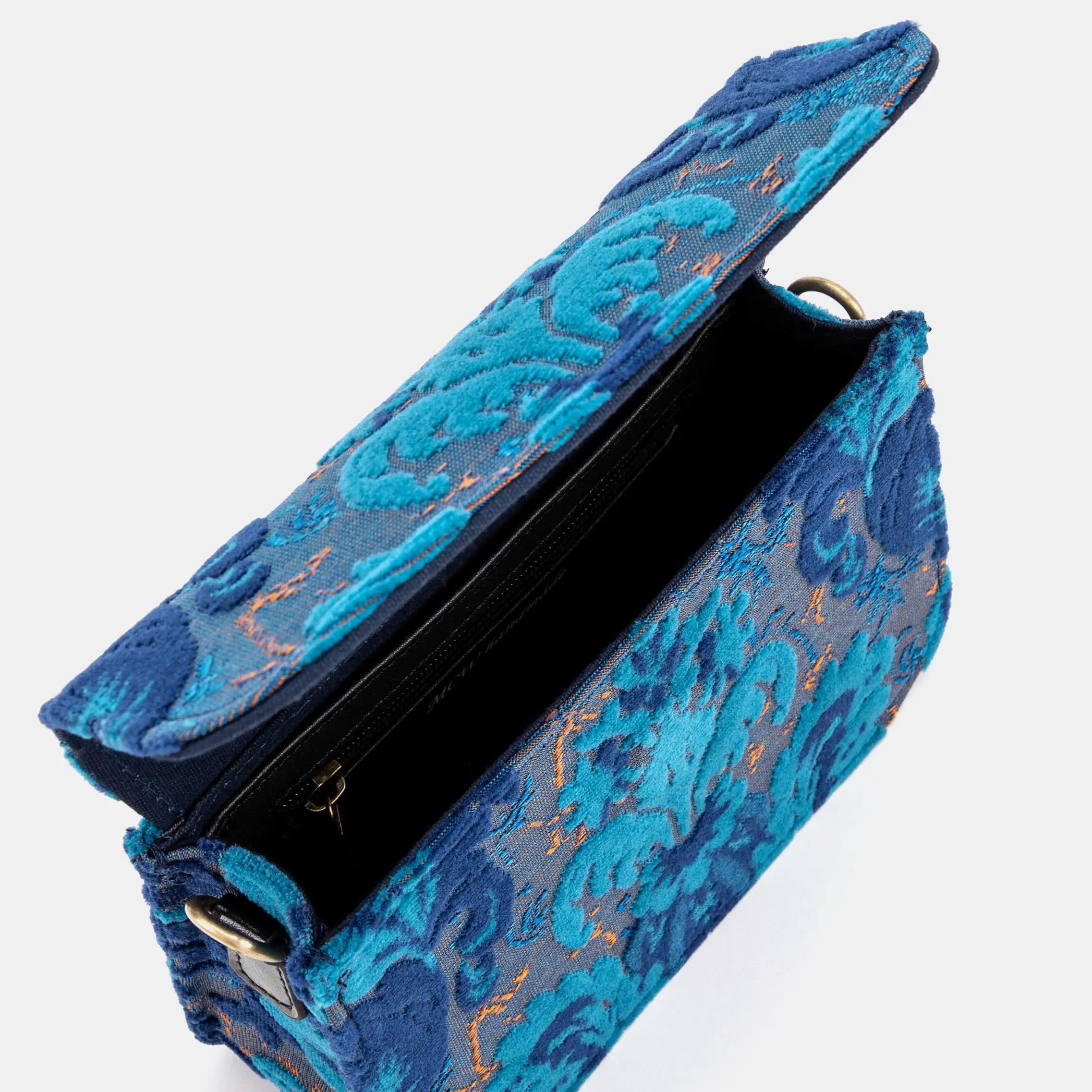 Burnout Velvet Revival Aqua Flap Crossbody Bag of America opening