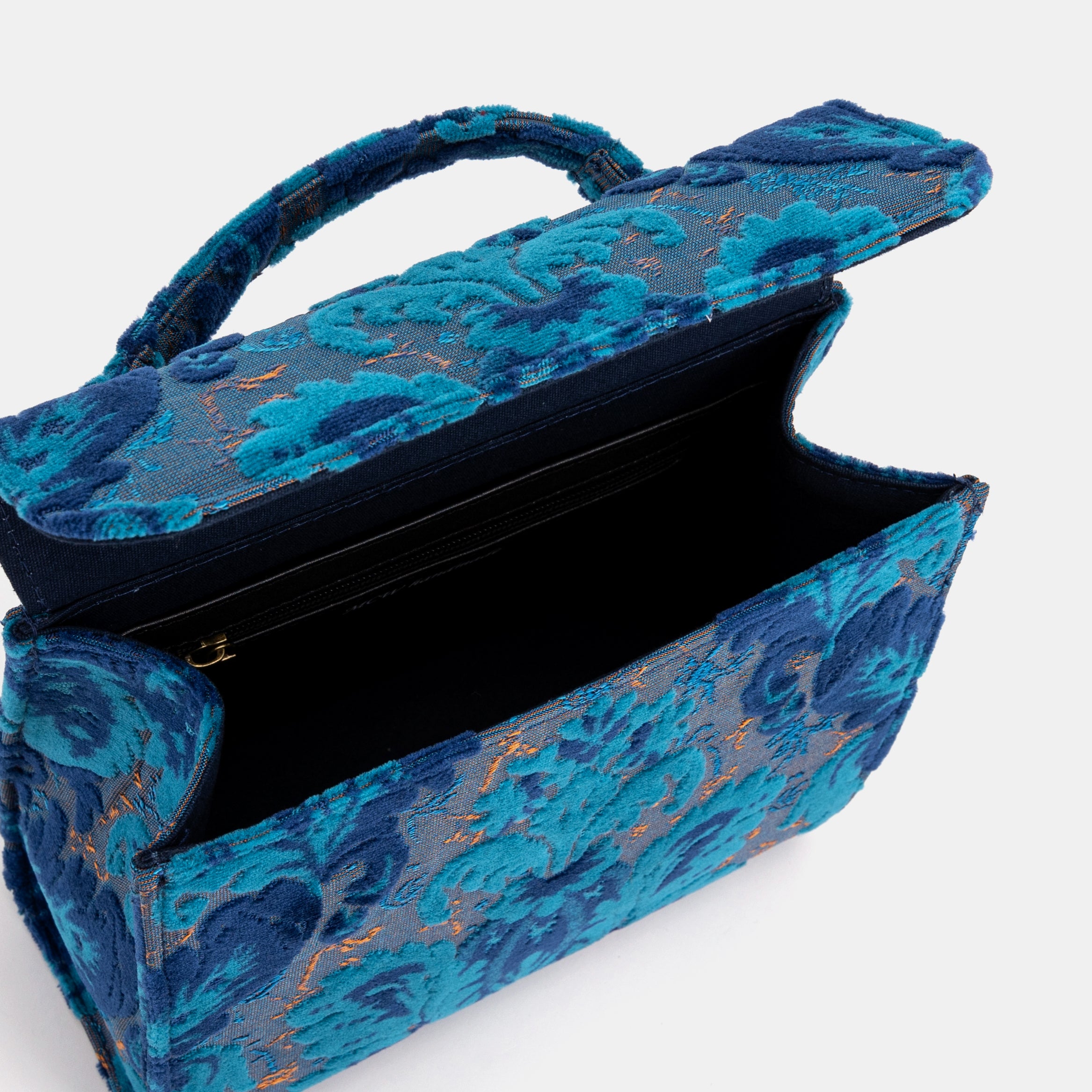 Burnout Velvet Revival Aqua Flap Satchel Carpetbag of America opening