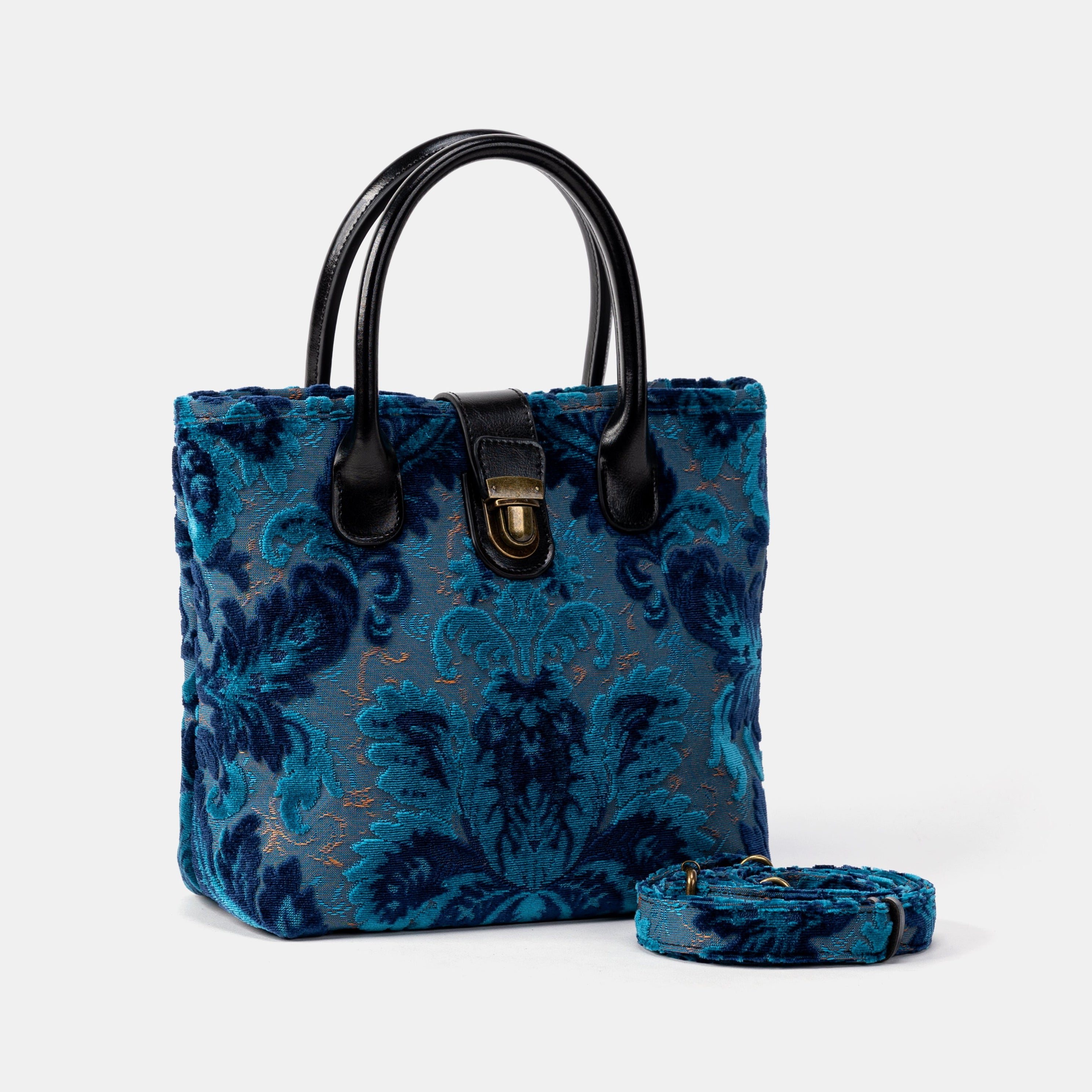 Burnout Velvet Revival Aqua Tuck Lock Carpet Satchel with belt
