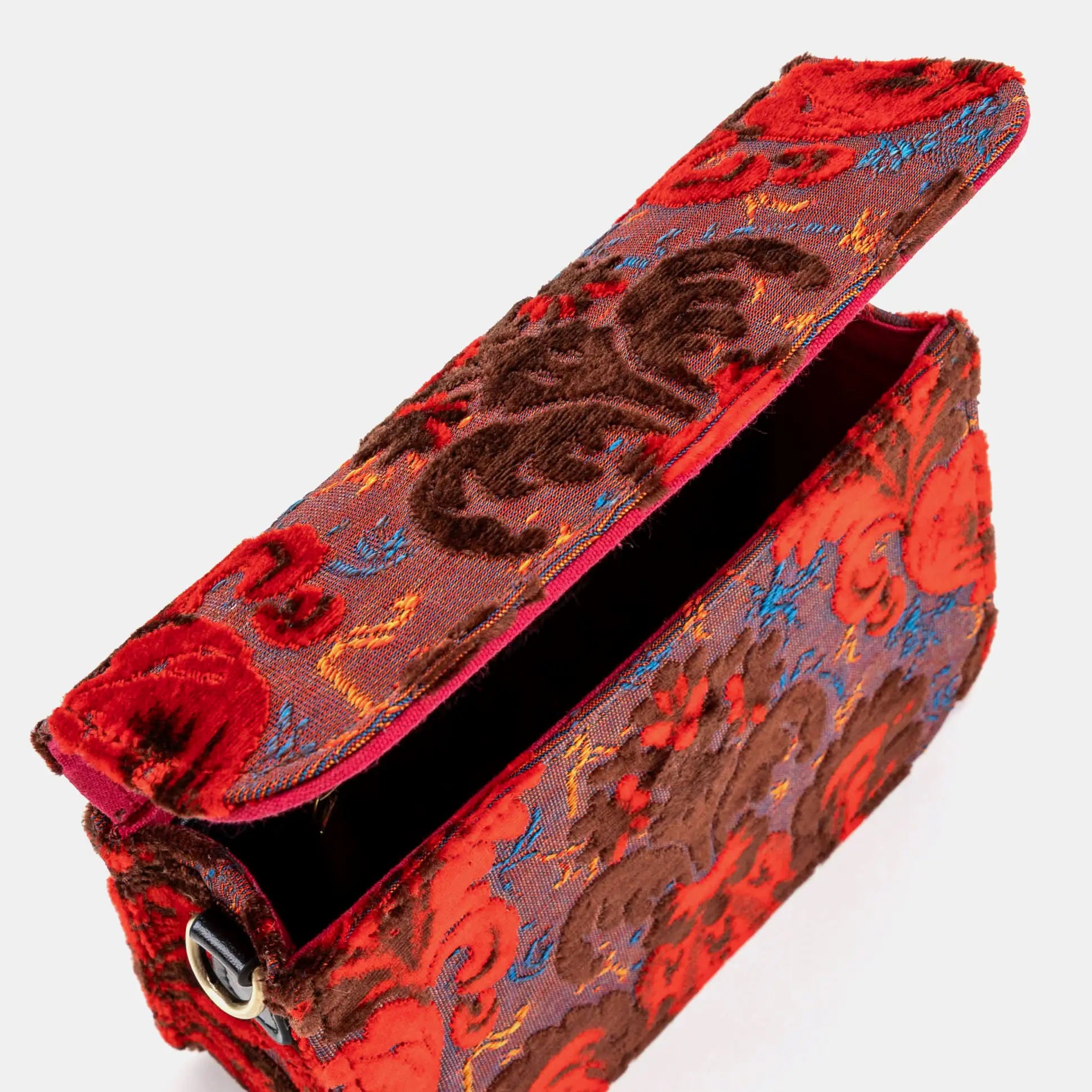 Burnout Velvet Revival Scarlet Flap Crossbody Bag of America opening