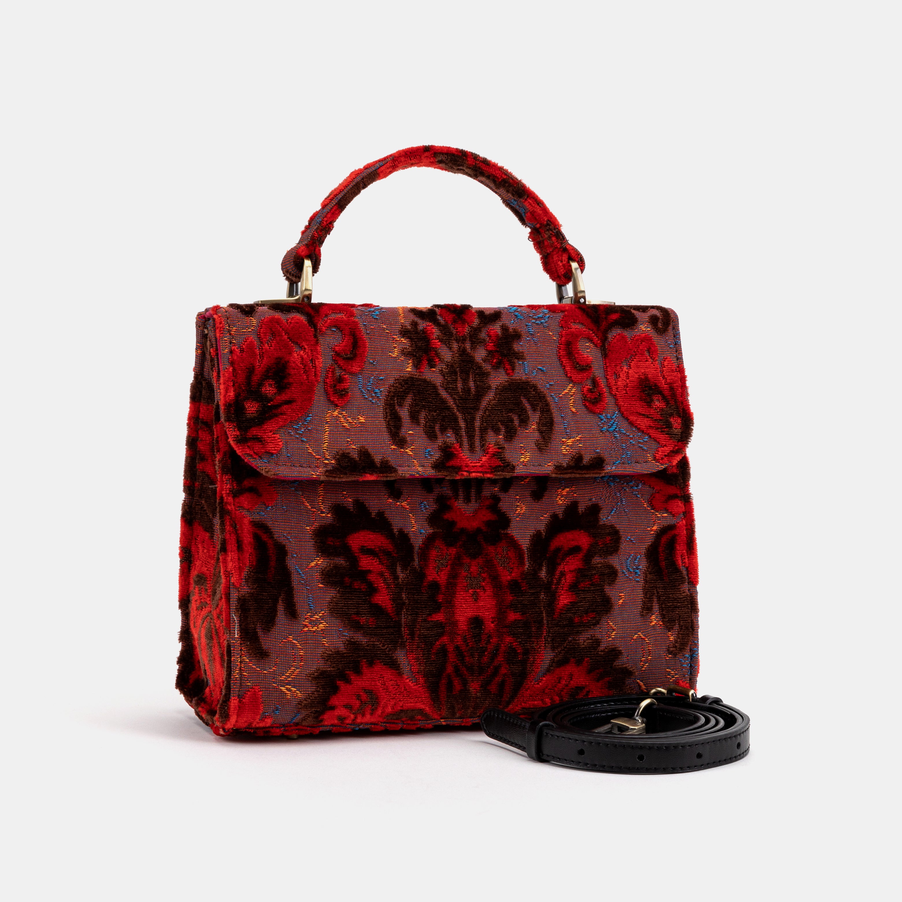 Burnout Velvet Revival Scarlet Flap Satchel Carpetbag of America with shoulder strap