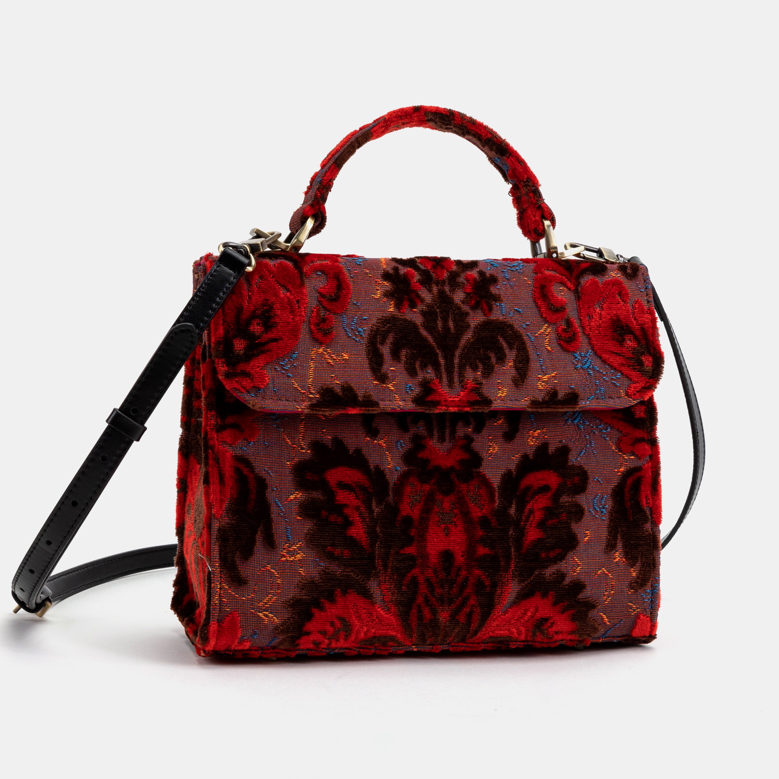 Burnout Velvet Revival Scarlet Flap Satchel Carpetbag of America front side