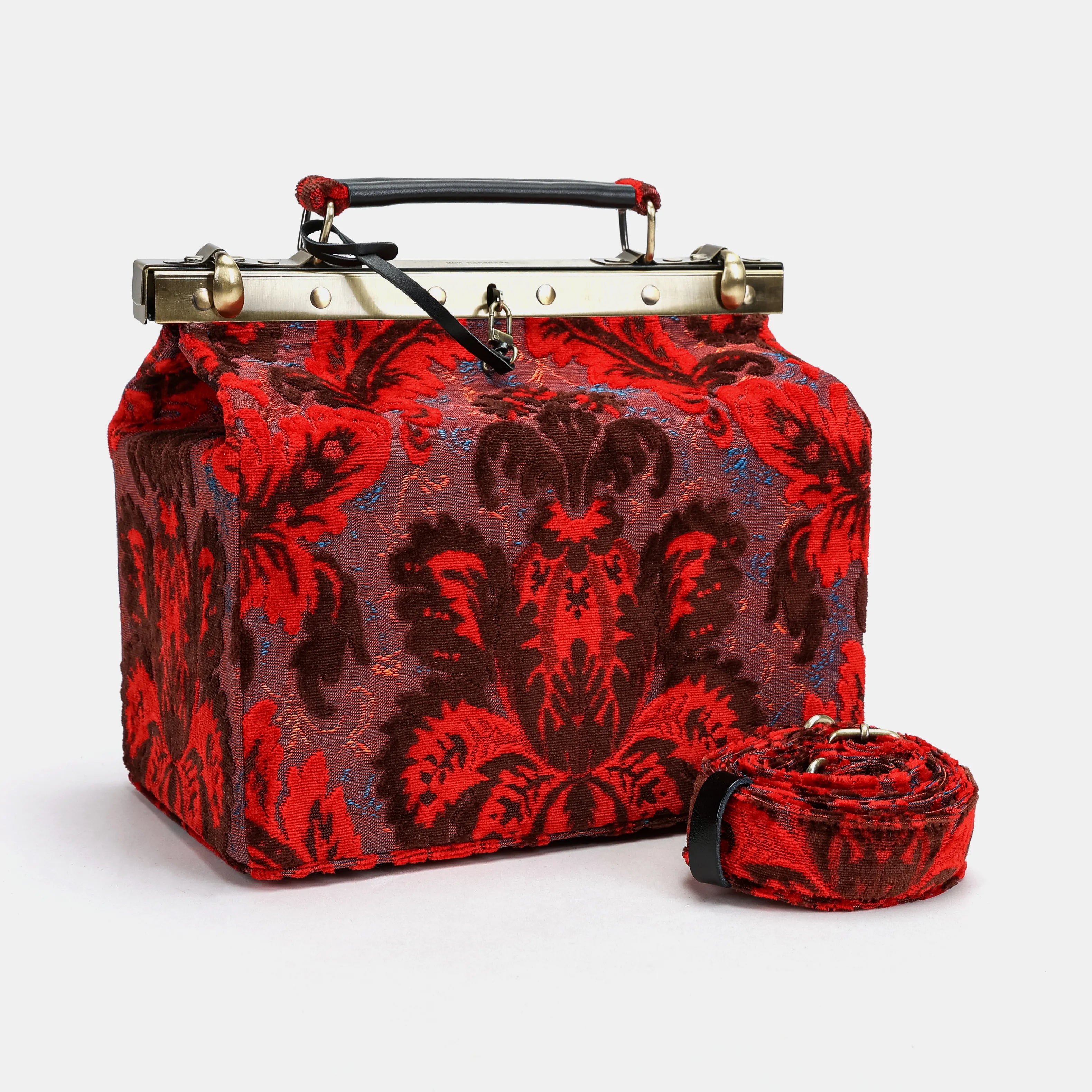 Burnout Velvet Revival Scarlet Vivienne Carpet Purse Gladstone Bag with shoulder strap