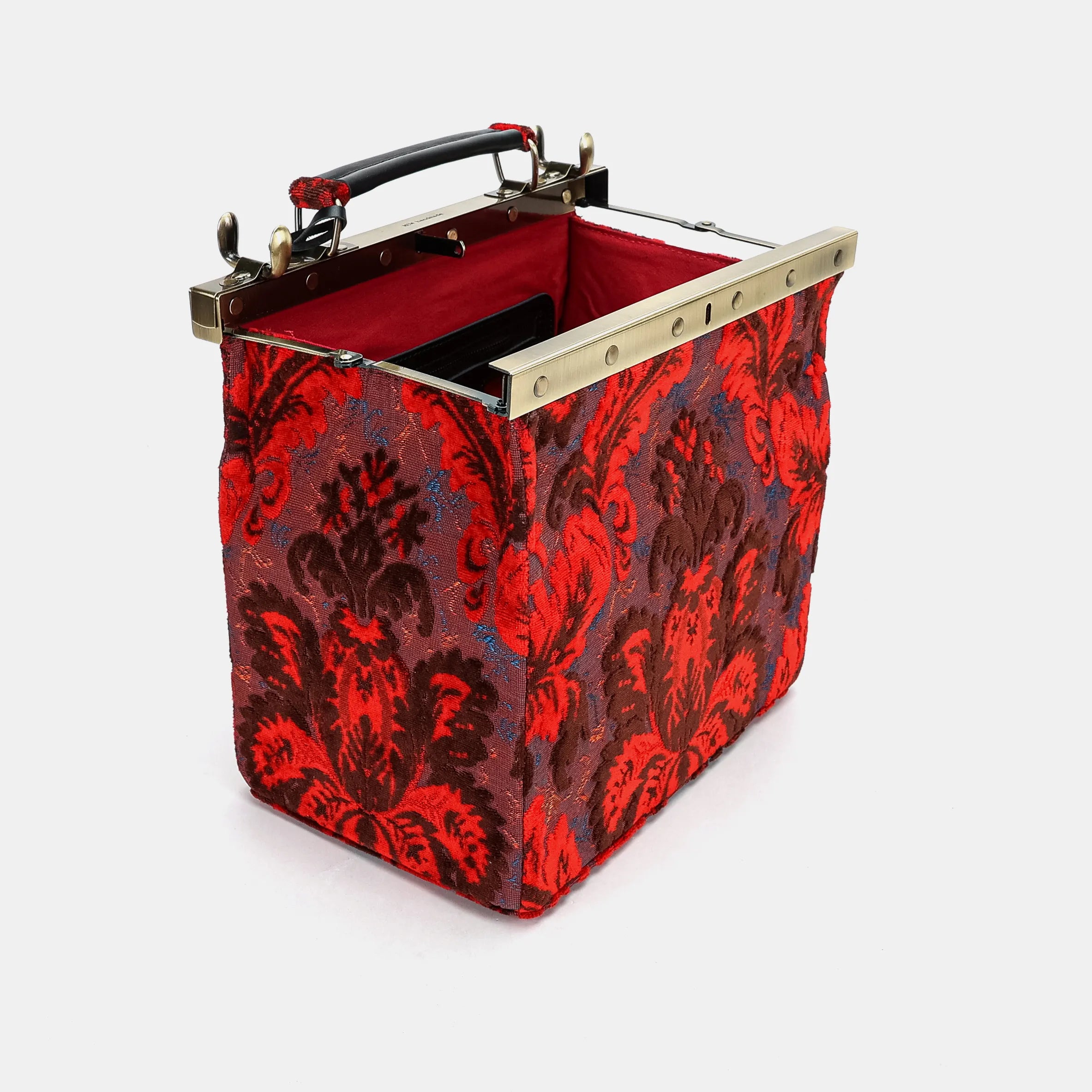 Burnout Velvet Revival Scarlet Vivienne Carpet Purse Gladstone Bag open and stand