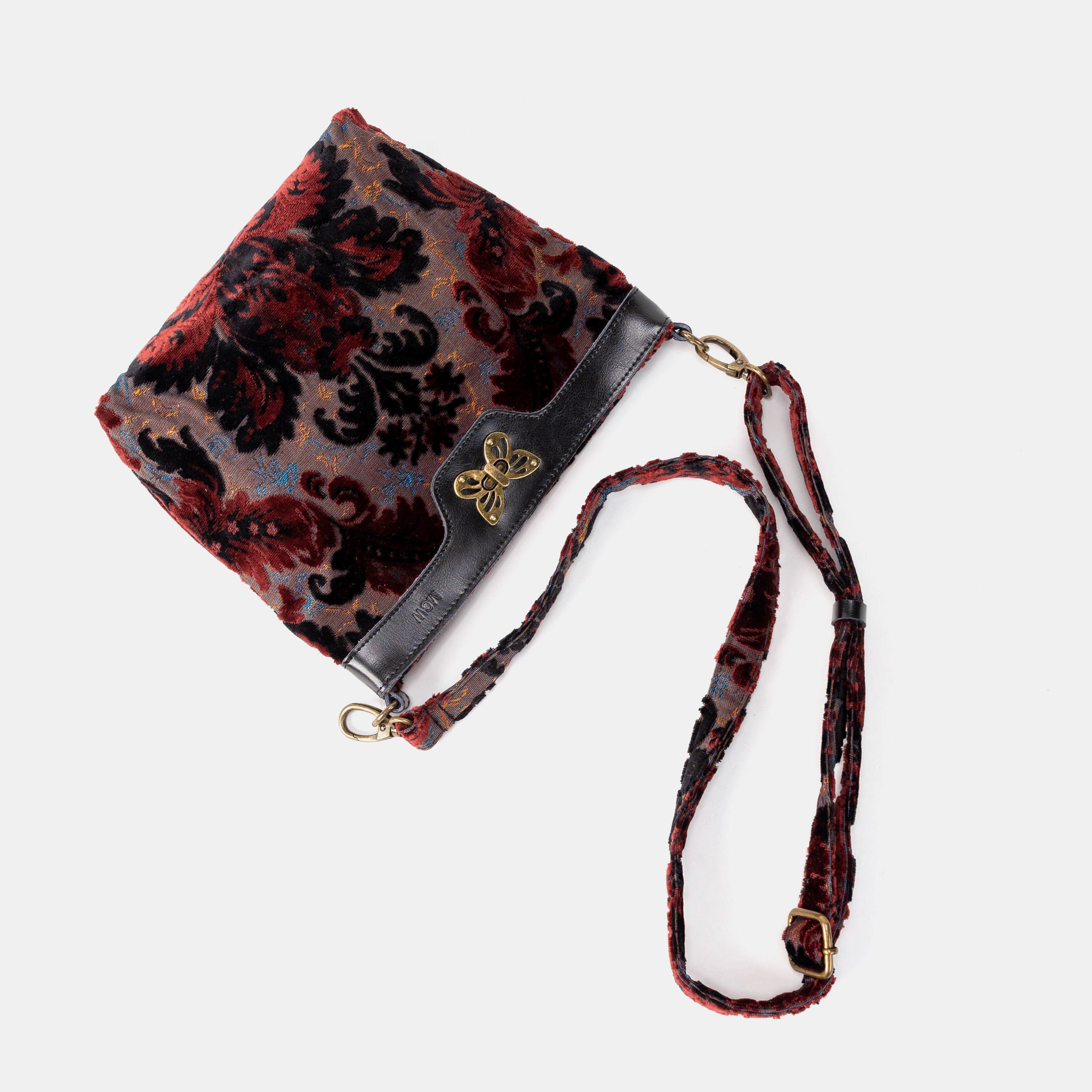 Burnout Velvet Revival Sephia Butterfly Crossbody Bag of America lay flat