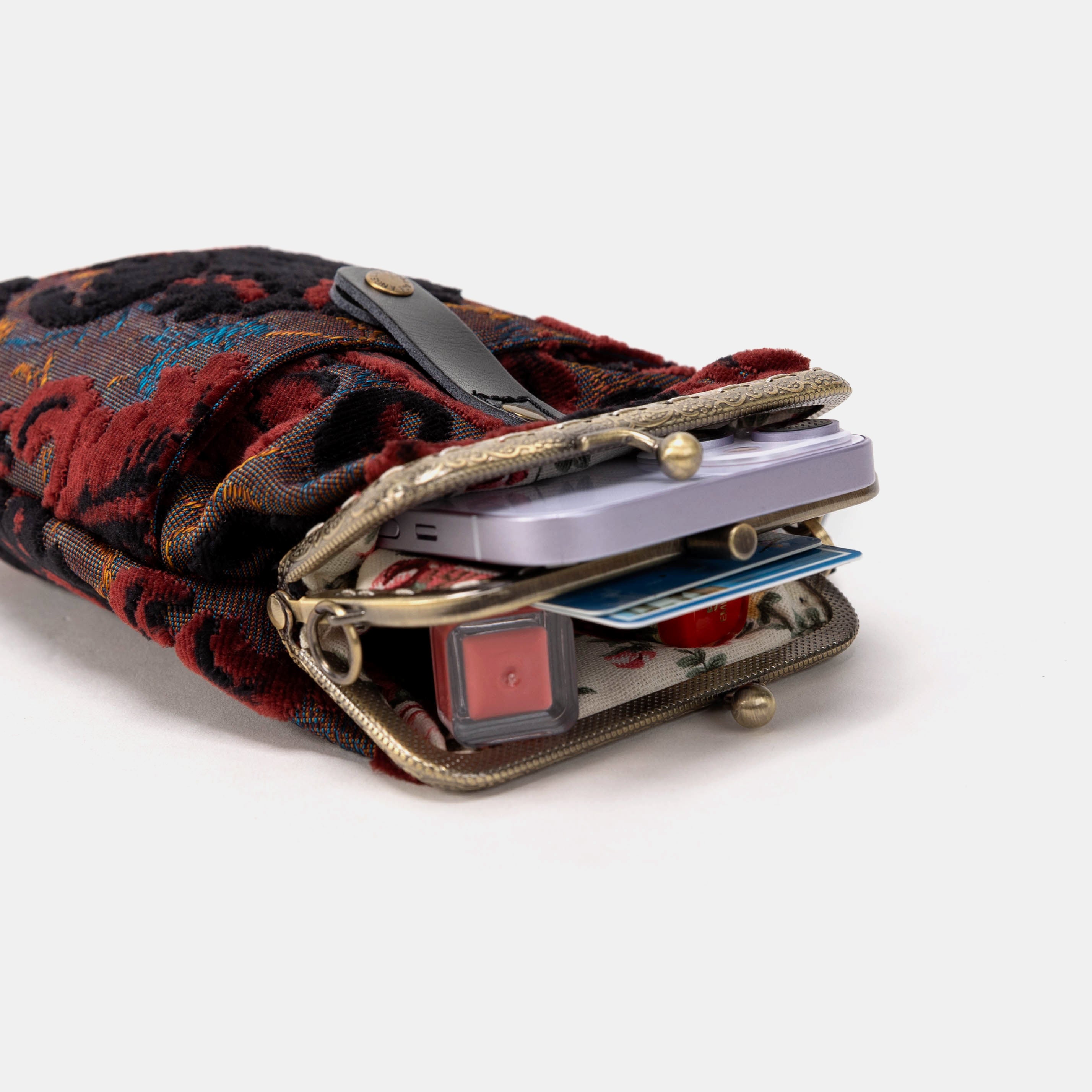 Burnout Velvet Revival Sephia Carpet Phone Case Carpetbag of America flat lay open mouth with phone