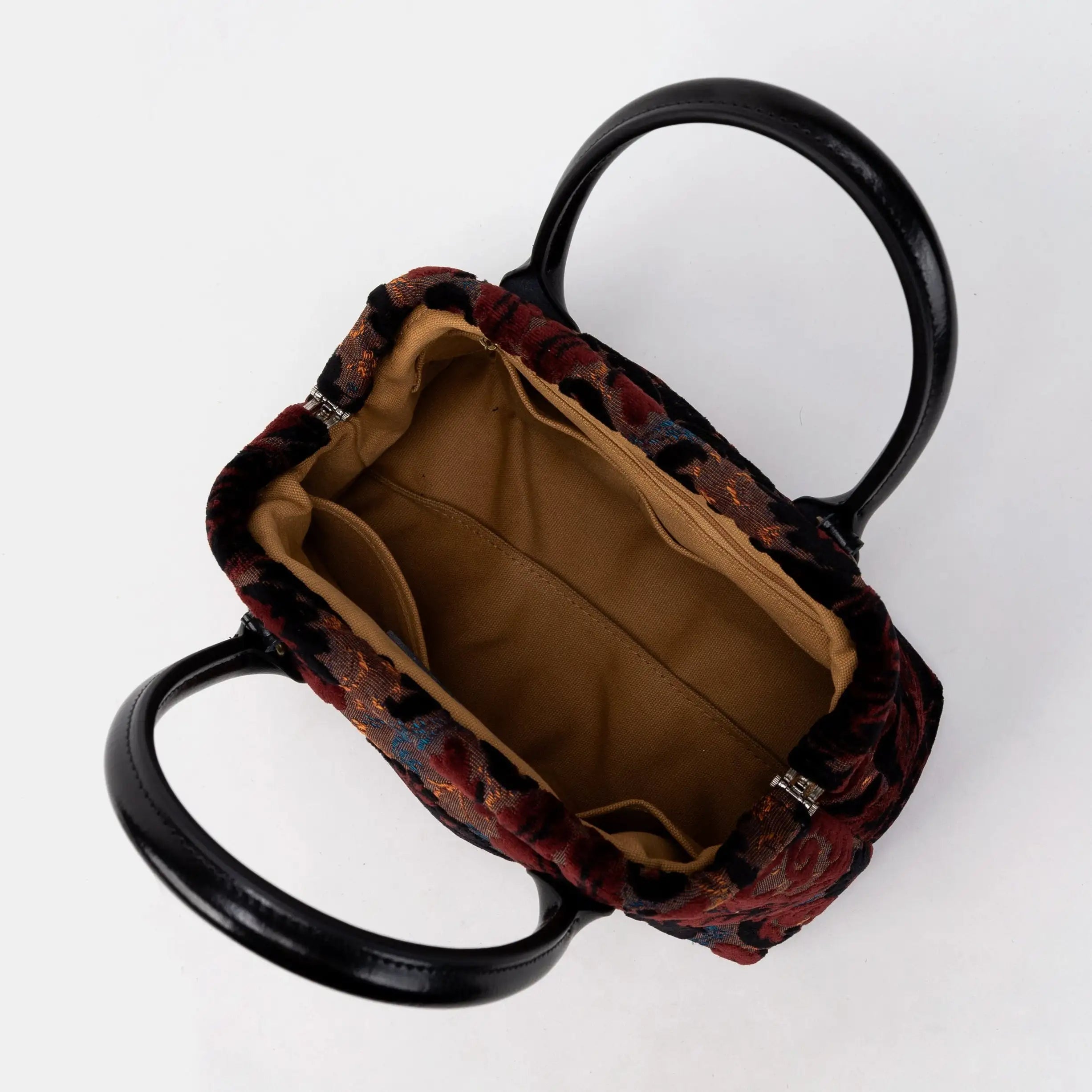 Burnout Velvet Revival Sephia Carpet Satchel Carpetbag of America inside