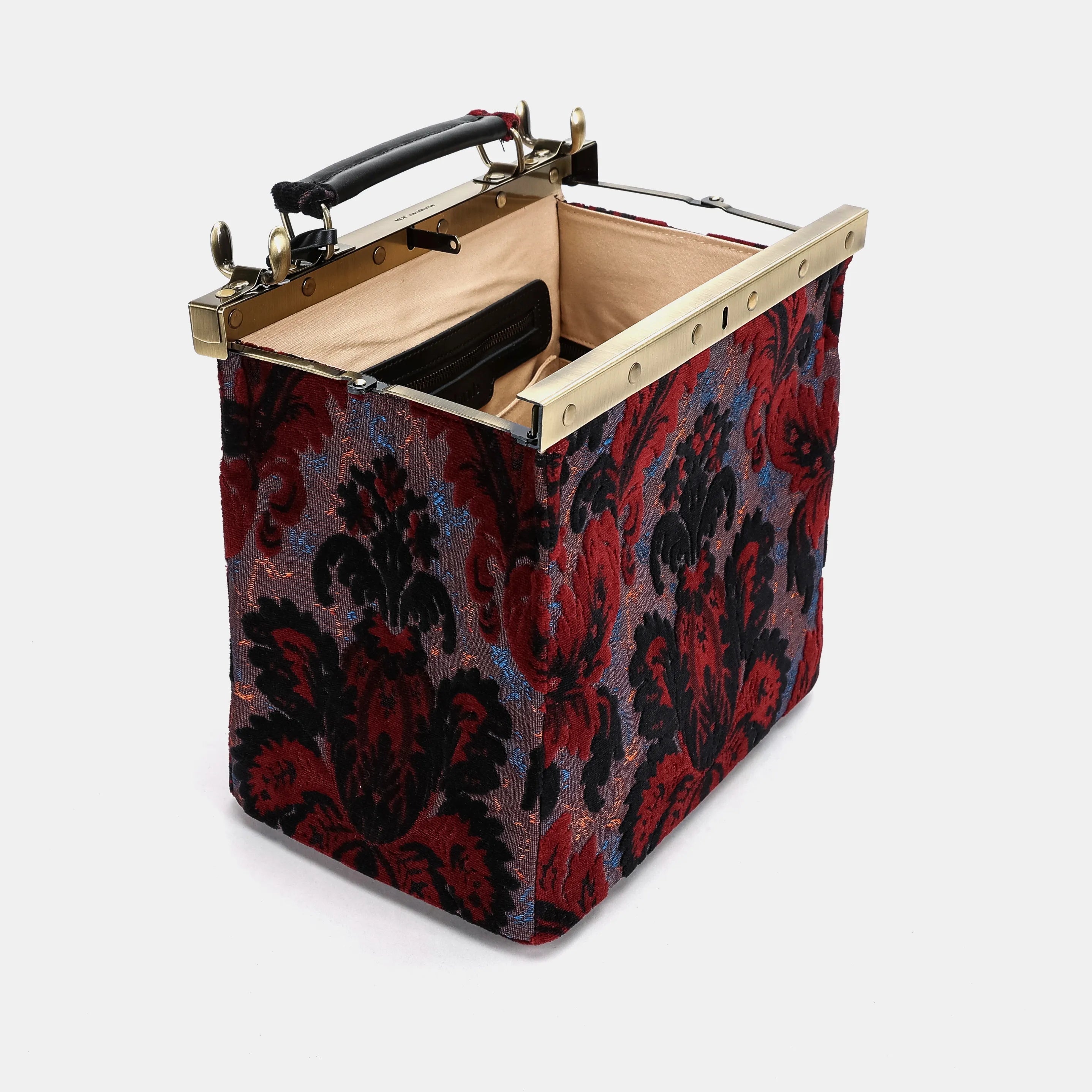 Burnout velvet Revival Sephia Cecile Carpet Purse Gladstone Bag open and stand