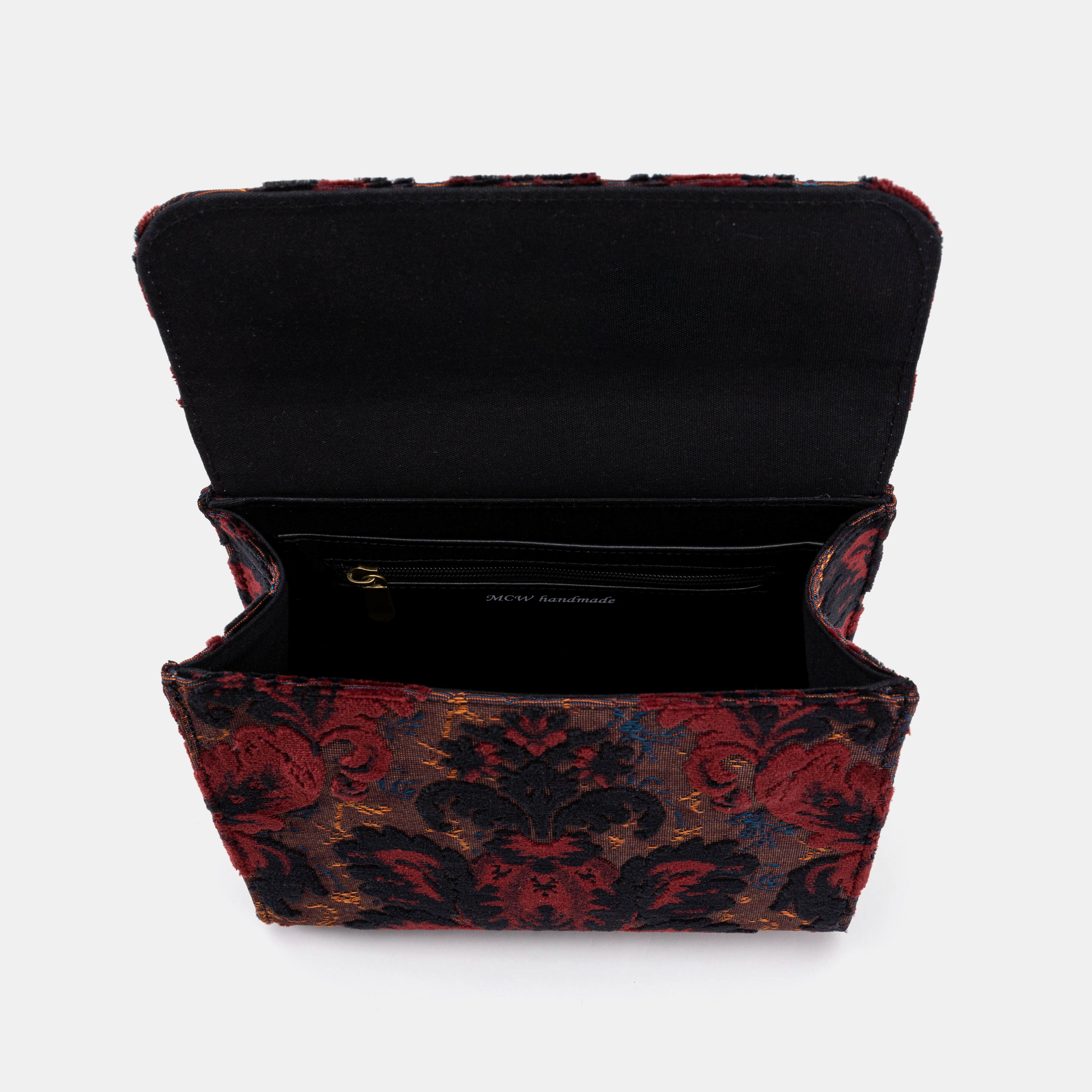 Burnout Velvet Revival Sephia Flap Satchel Carpetbag of America opening