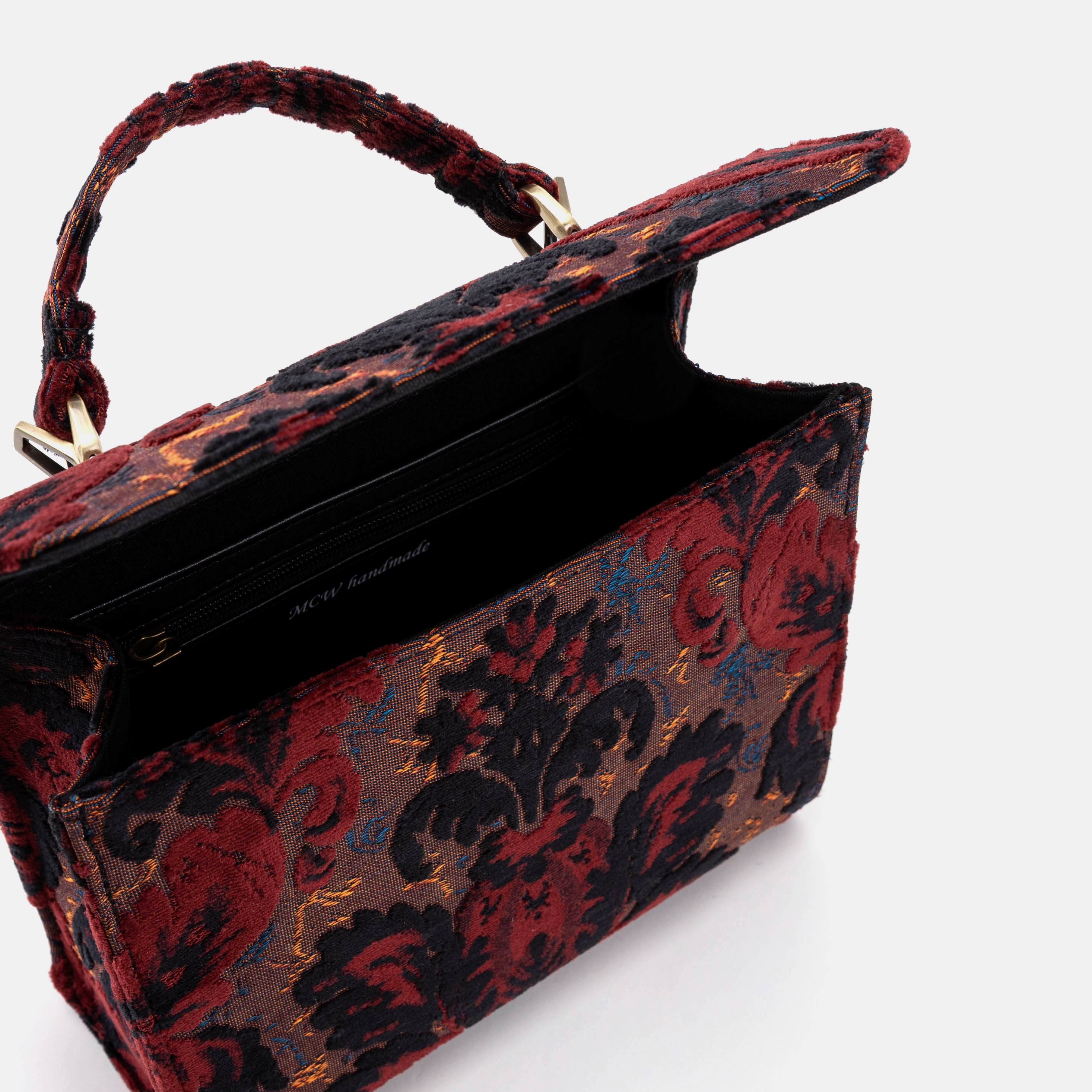 Burnout Velvet Revival Sephia Flap Satchel Carpetbag of America opening