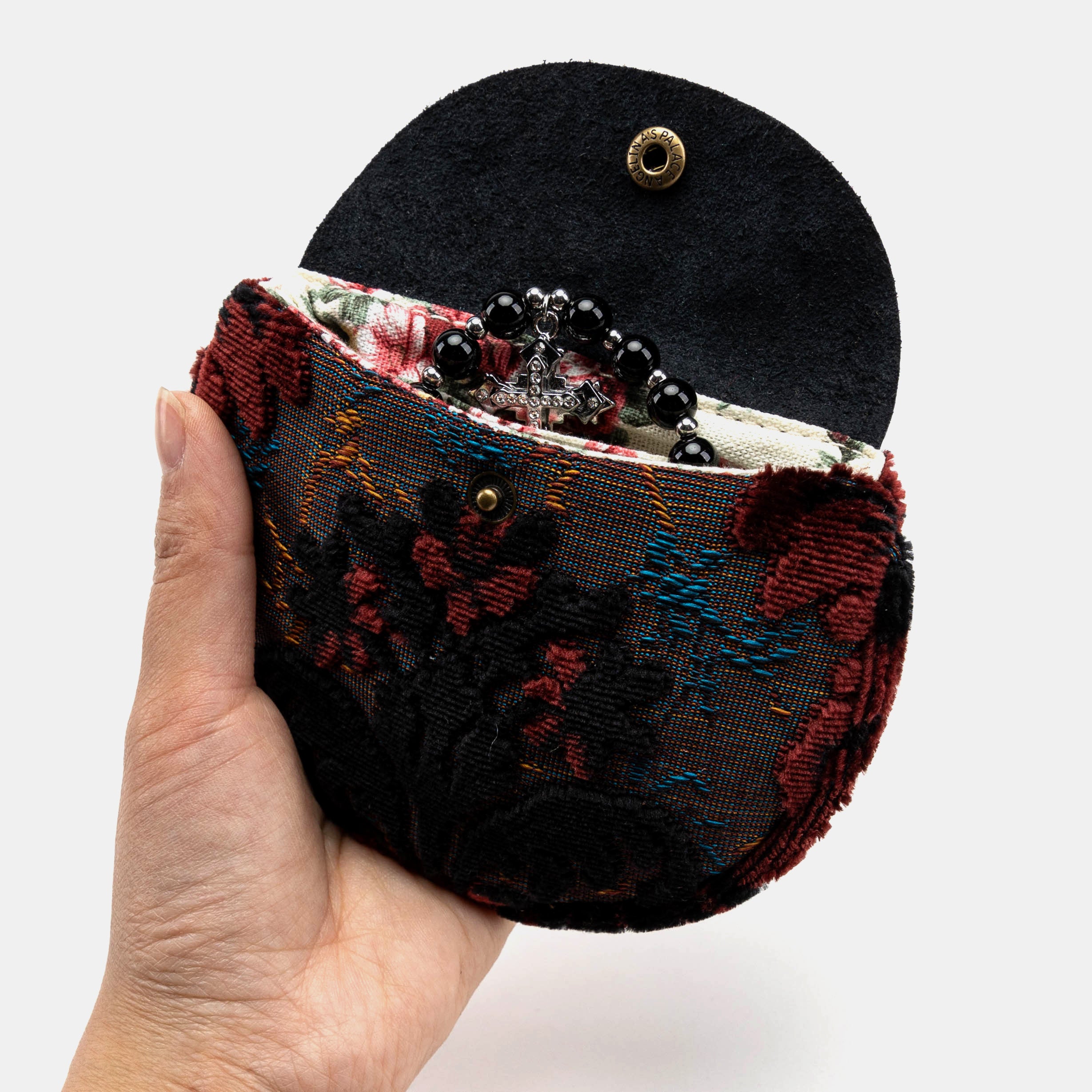 Burnout Velvet Revival Sephia Rosary Bag of America in use-3