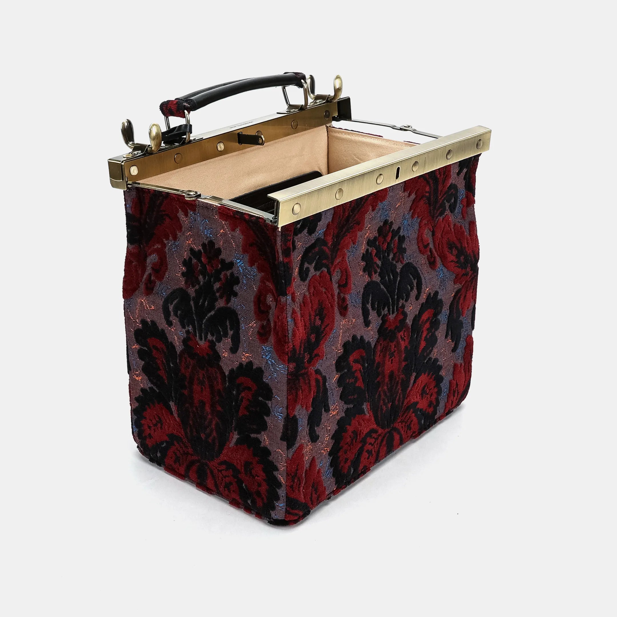 Burnout Velvet Revival Sephia Vivienne Carpet Purse Gladstone Bag open and stand