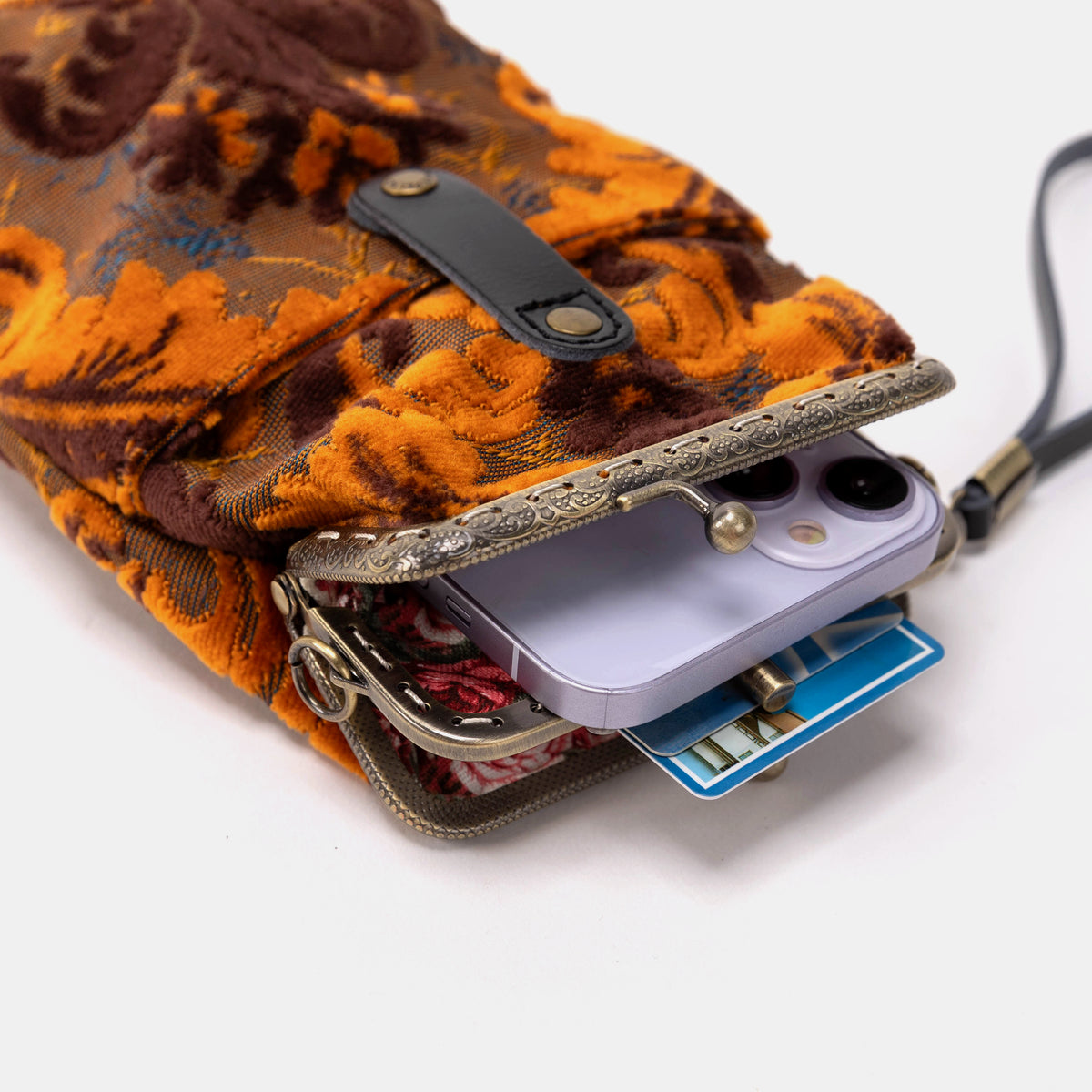 Burnout Velvet Revival Sienna Carpet Phone Case Carpetbag of America flat lay open mouth with phone