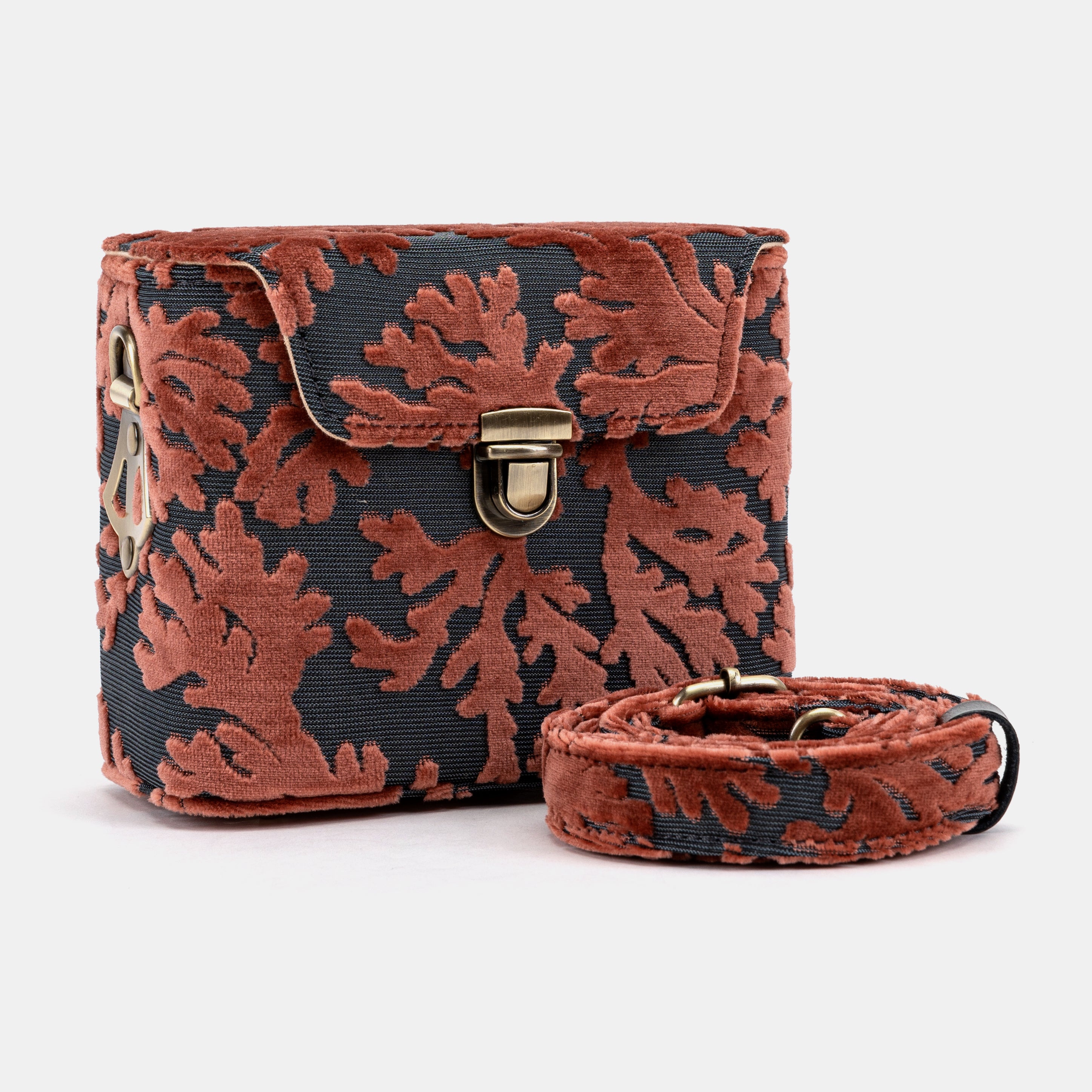 Burnout Velvet St Tropez Scuba Coral Emma Small Train Case Crossbody of America with shoulder strap